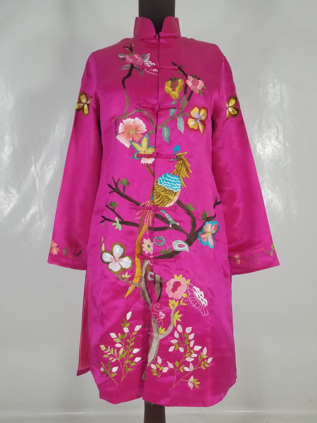 Antique Traditional Chinese Hand Embroidered Floral & Phoenix Motif Silk Coat