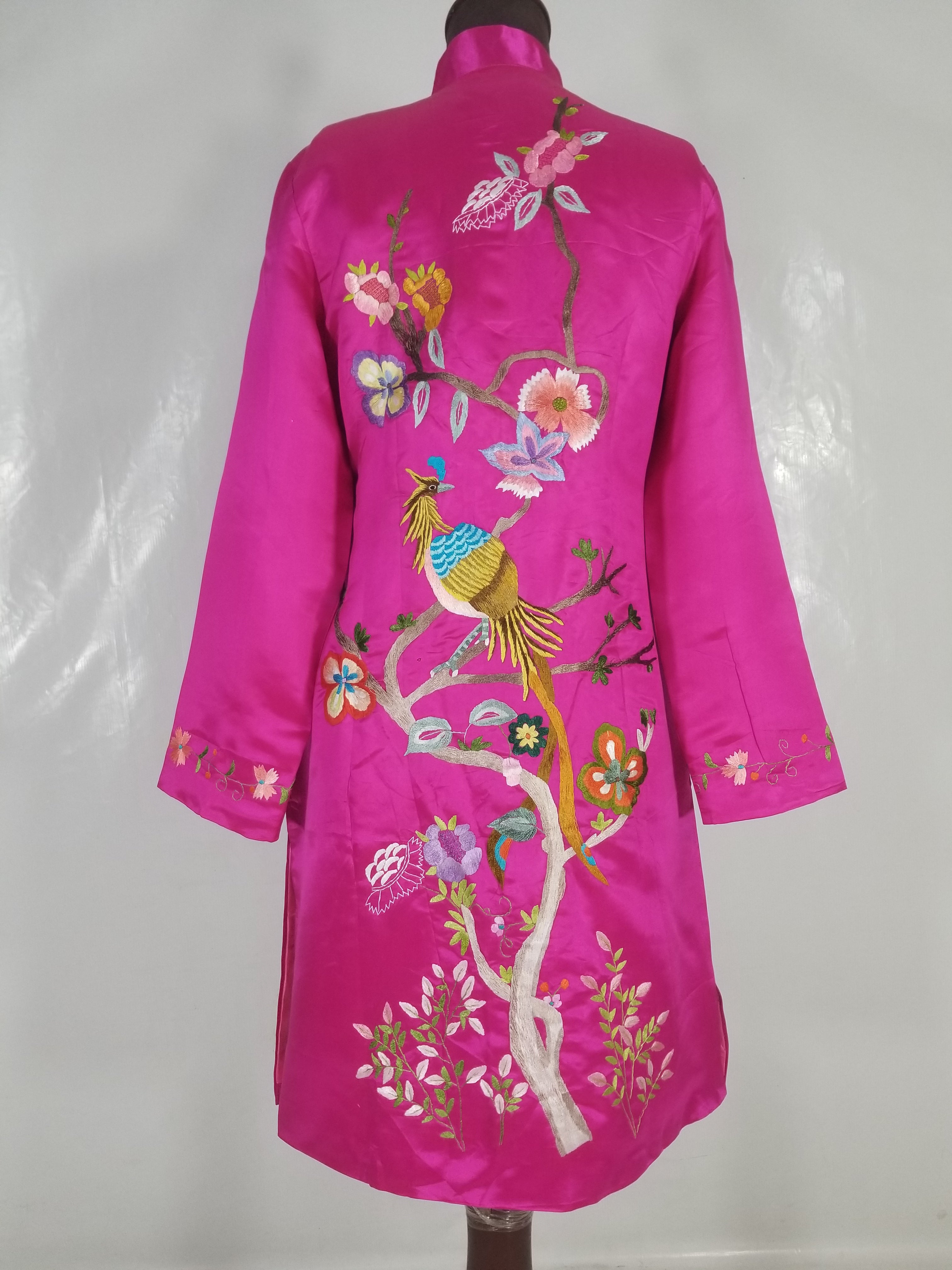 Antique Traditional Chinese Hand Embroidered Floral & Phoenix Motif Silk Coat