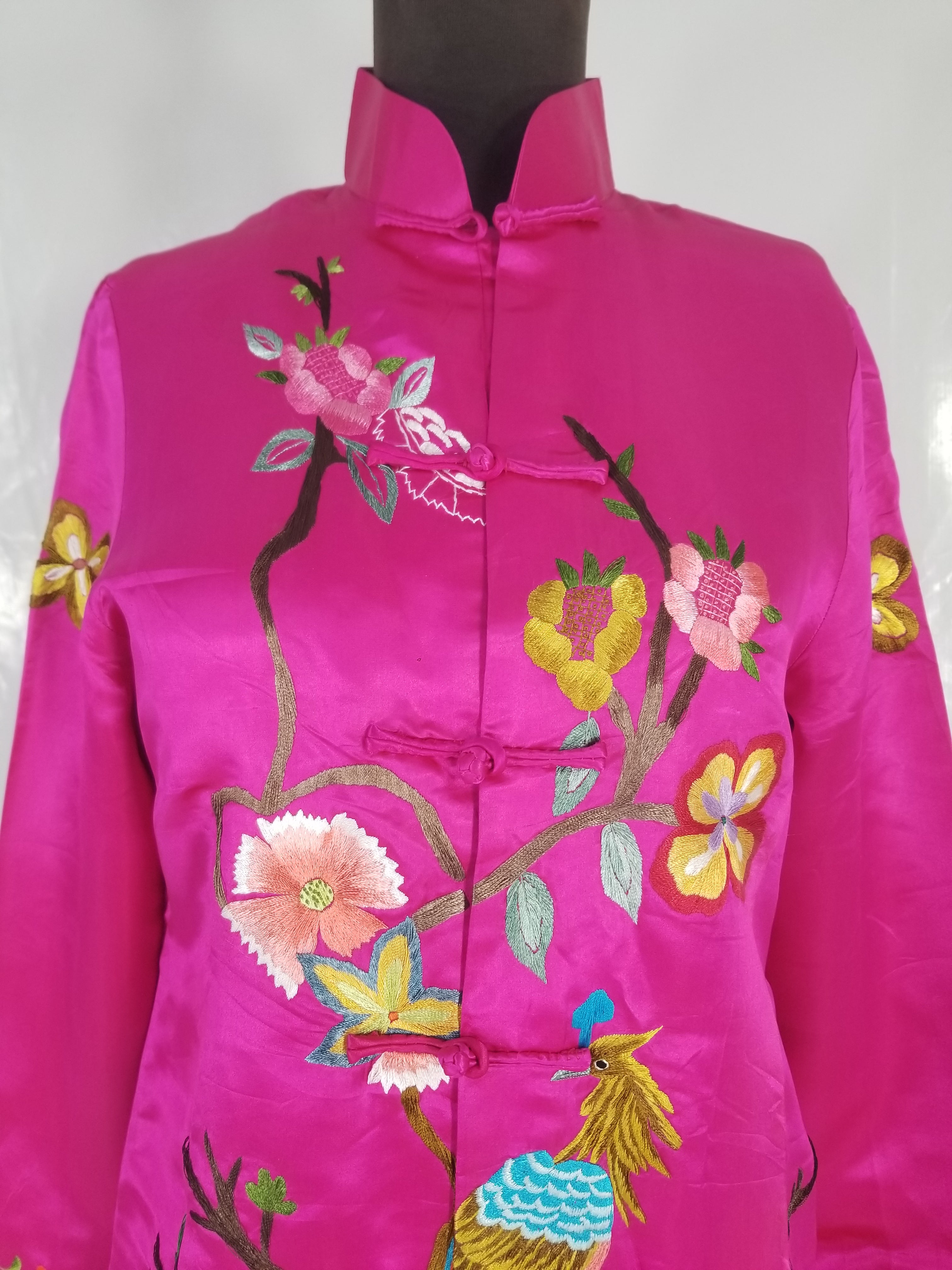 Antique Traditional Chinese Hand Embroidered Floral & Phoenix Motif Silk Coat