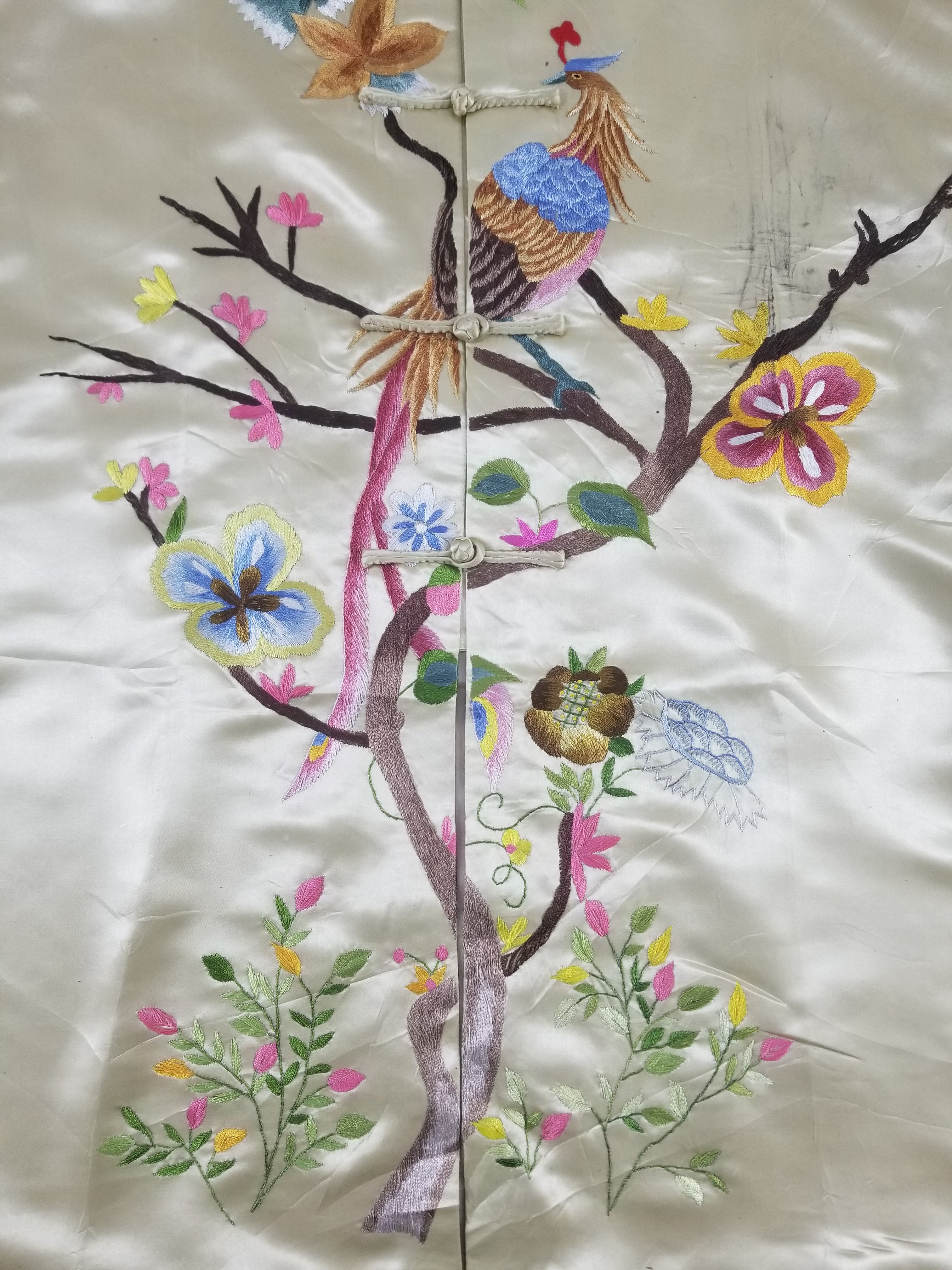 Antique Traditional Chinese Hand Embroidered Floral & Phoenix Motif Silk Coat