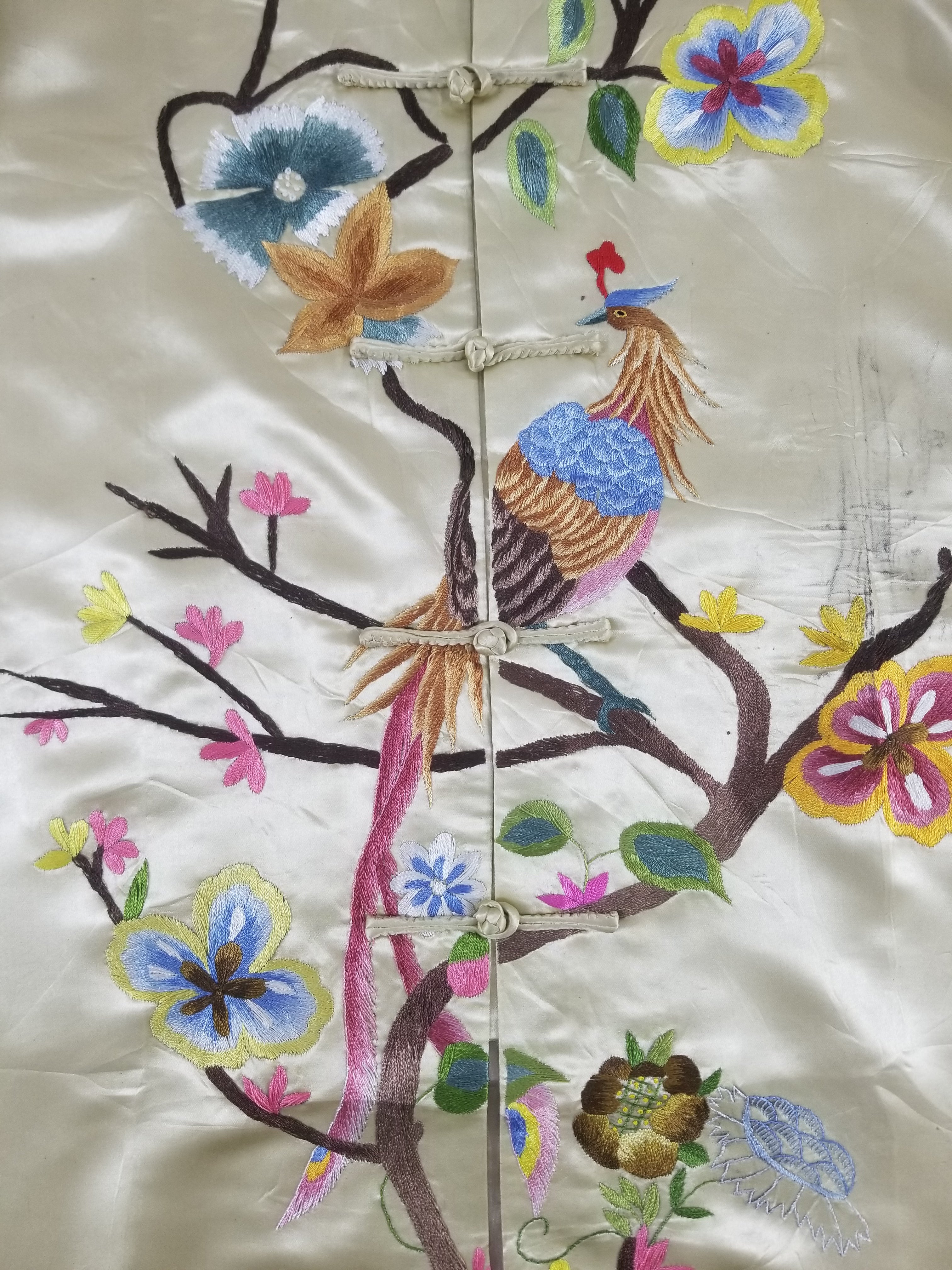 Antique Traditional Chinese Hand Embroidered Floral & Phoenix Motif Silk Coat