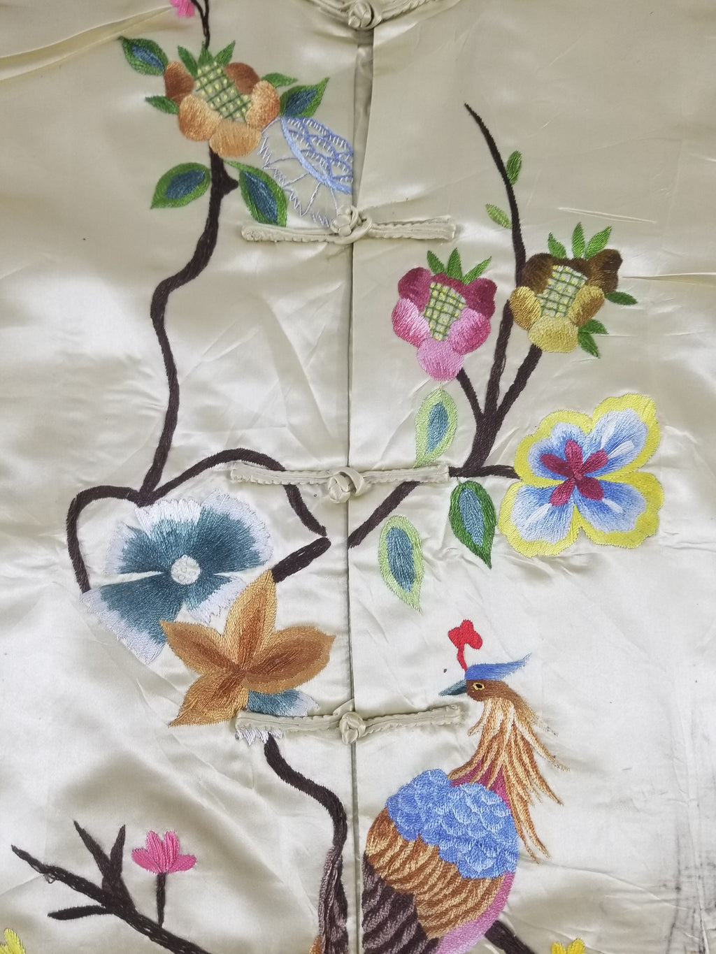 Antique Traditional Chinese Hand Embroidered Floral & Phoenix Motif Silk Coat