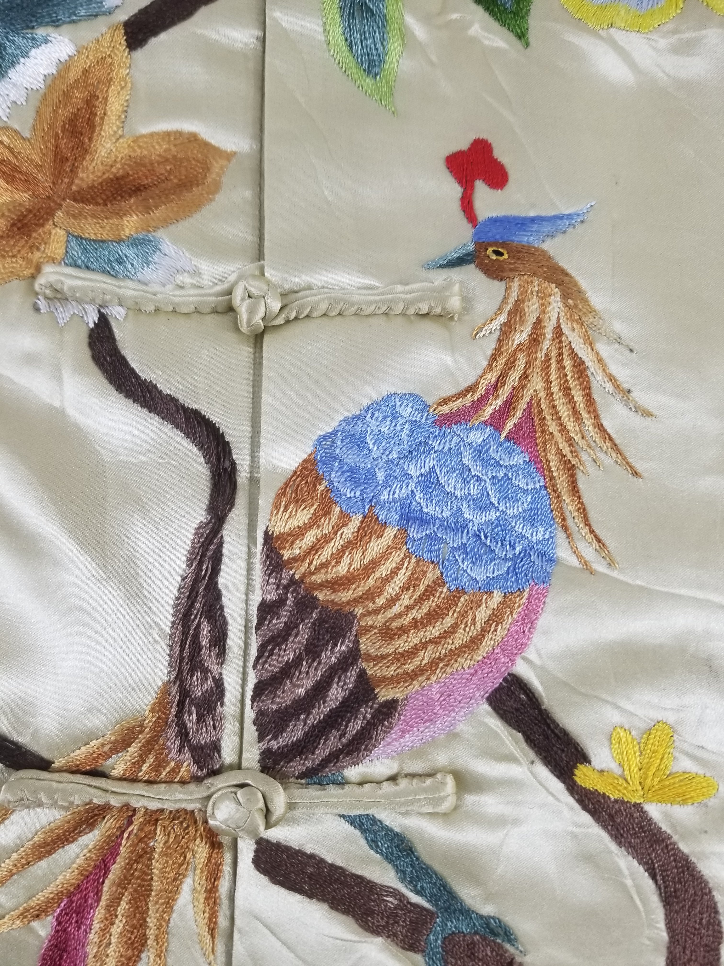 Antique Traditional Chinese Hand Embroidered Floral & Phoenix Motif Silk Coat
