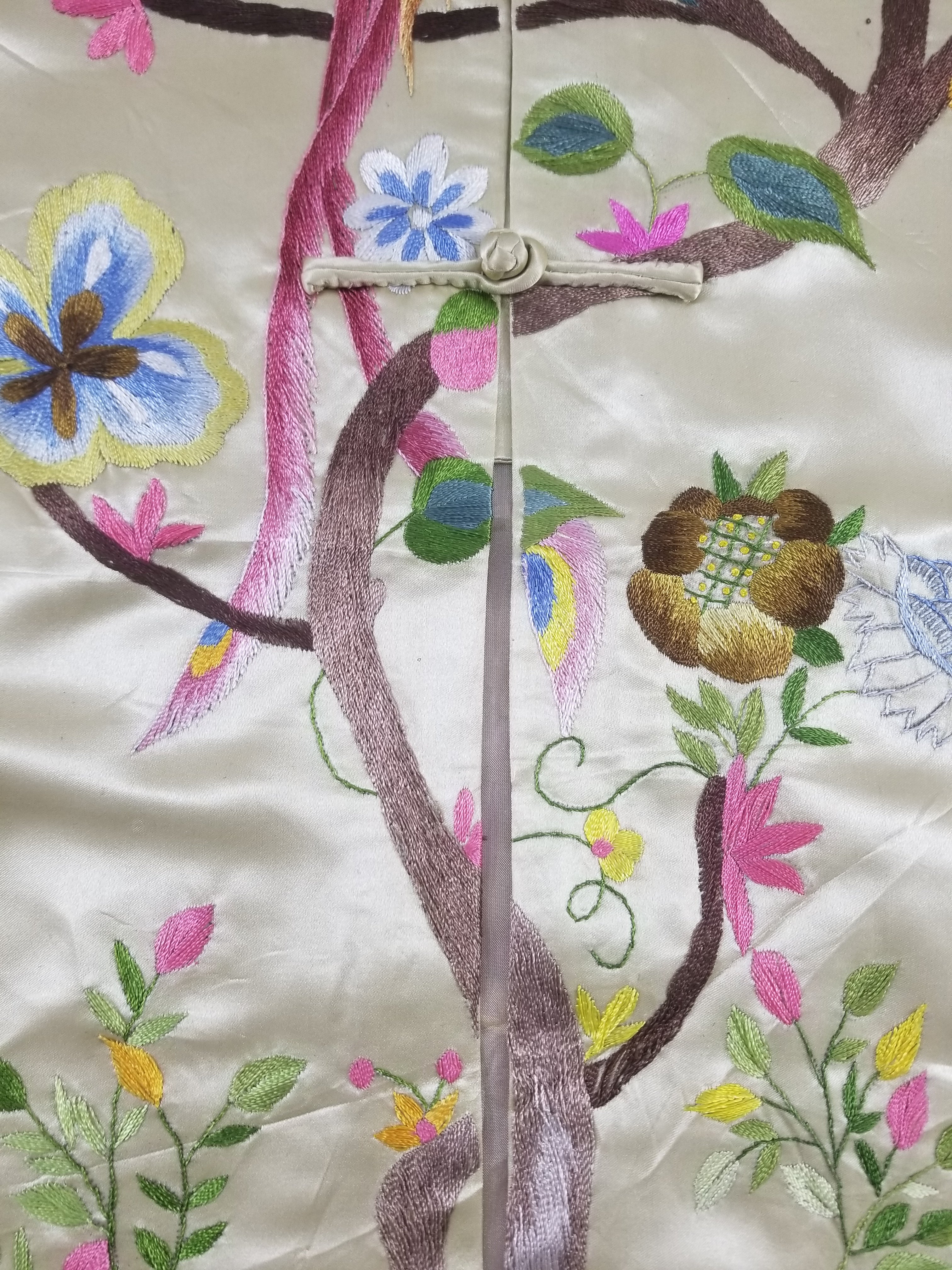 Antique Traditional Chinese Hand Embroidered Floral & Phoenix Motif Silk Coat