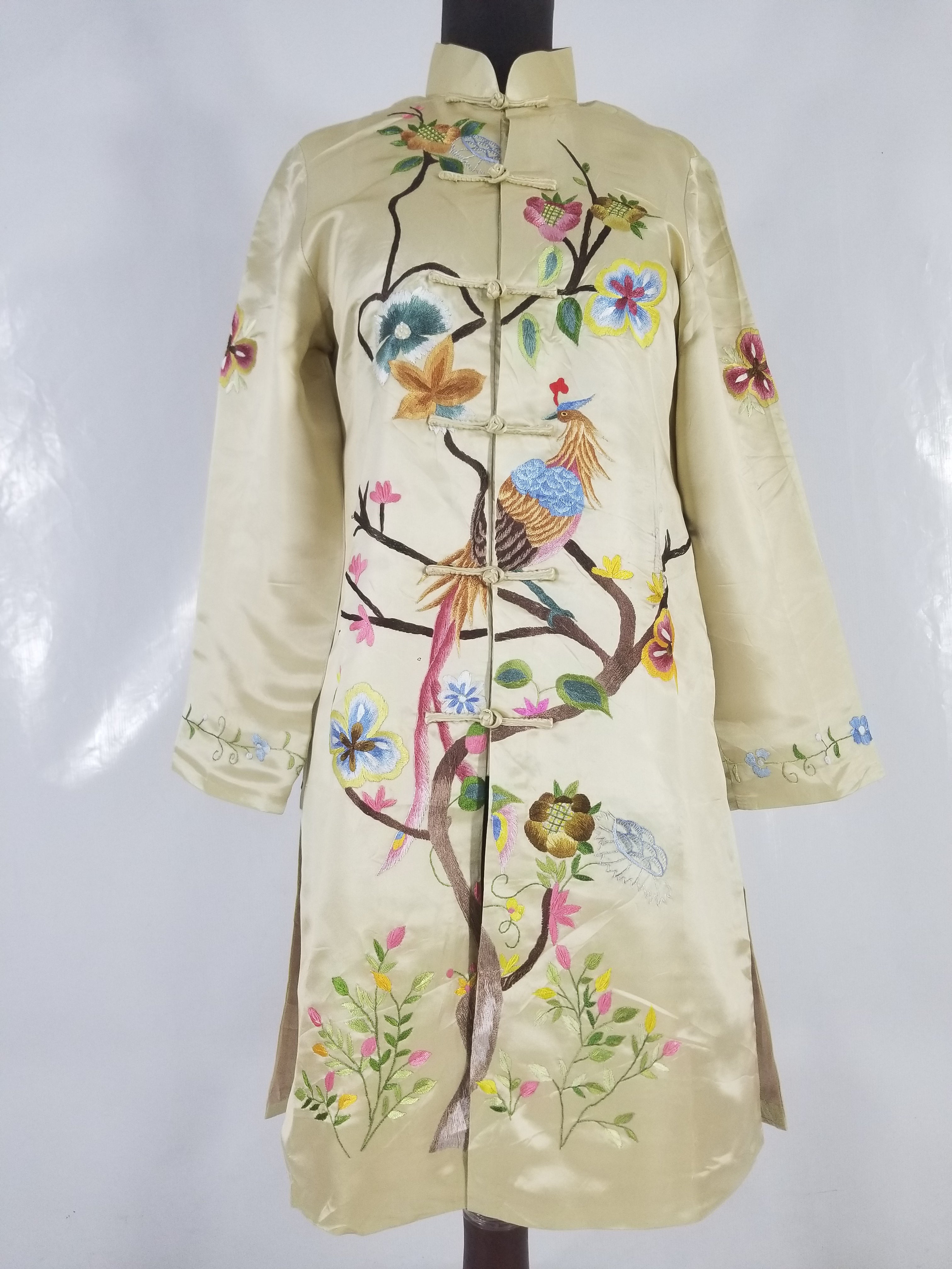 Antique Traditional Chinese Hand Embroidered Floral & Phoenix Motif Silk Coat