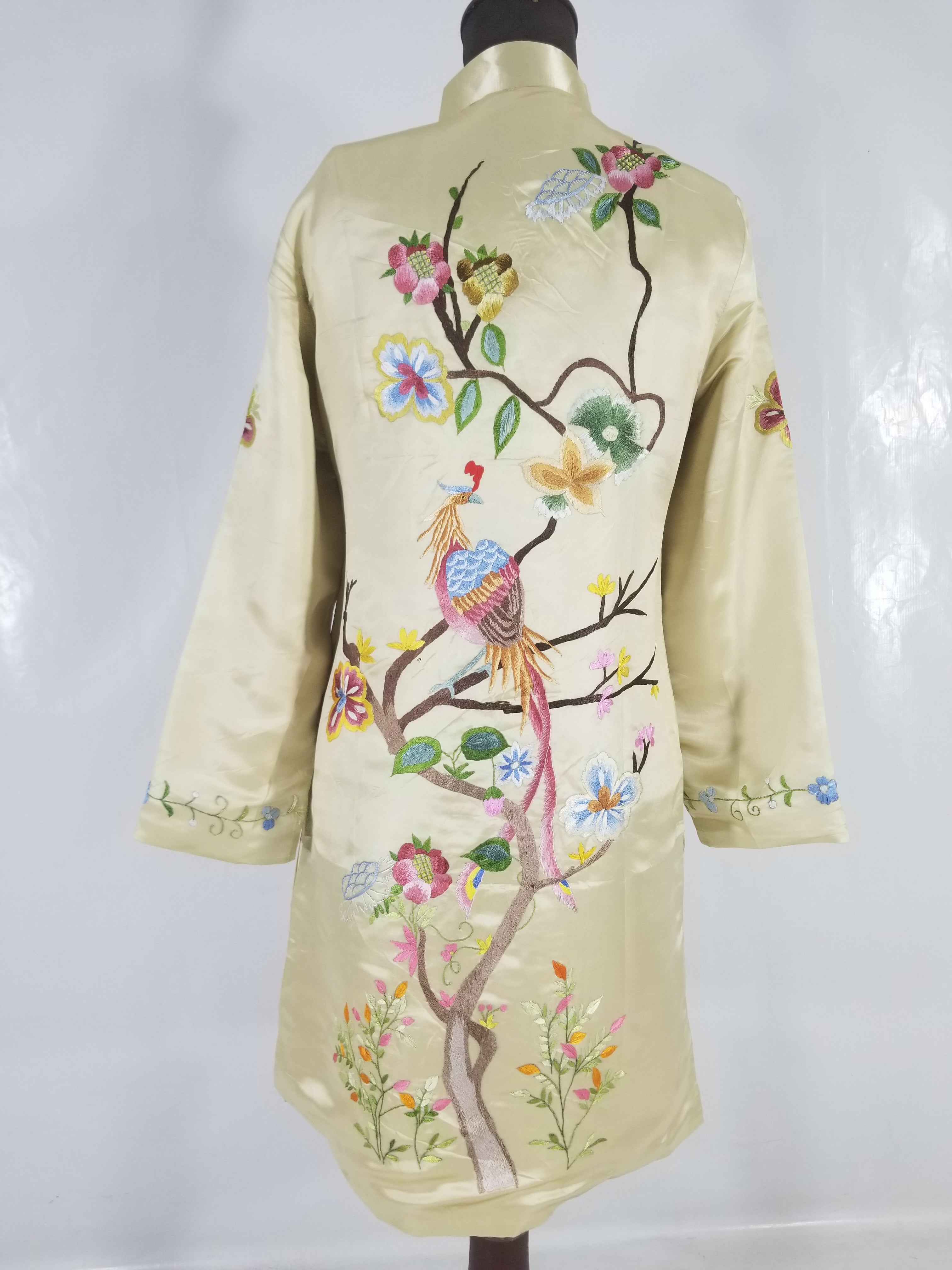 Antique Traditional Chinese Hand Embroidered Floral & Phoenix Motif Silk Coat