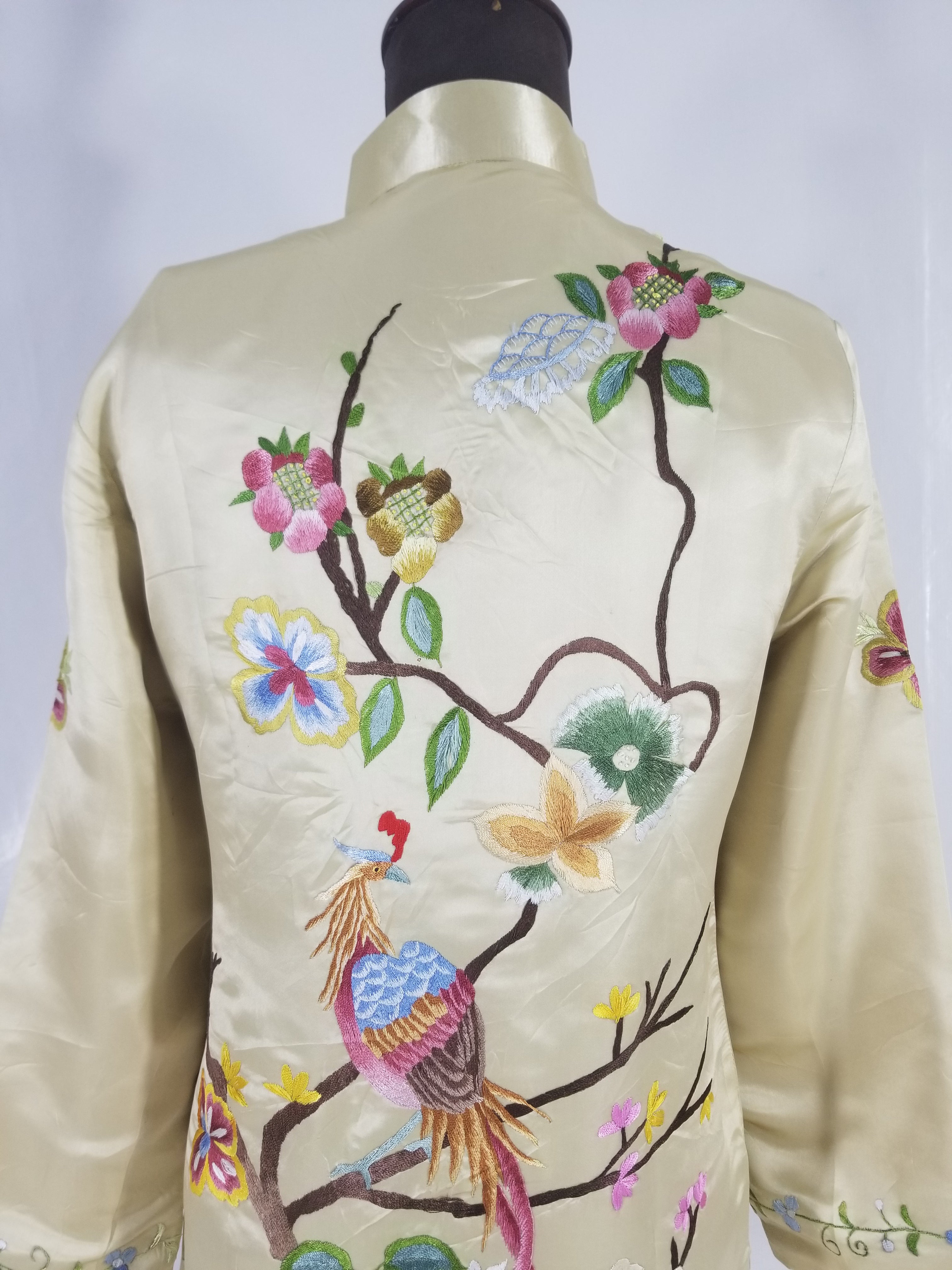 Antique Traditional Chinese Hand Embroidered Floral & Phoenix Motif Silk Coat