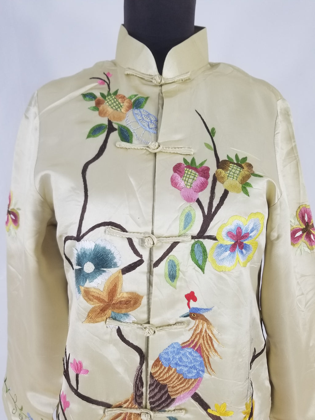 Antique Traditional Chinese Hand Embroidered Floral & Phoenix Motif Silk Coat