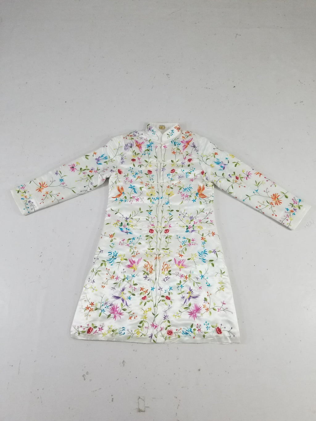 Antique Chinese Hand Embroidered Floral & Exotic Bird Mandarin Collar Silk Coat