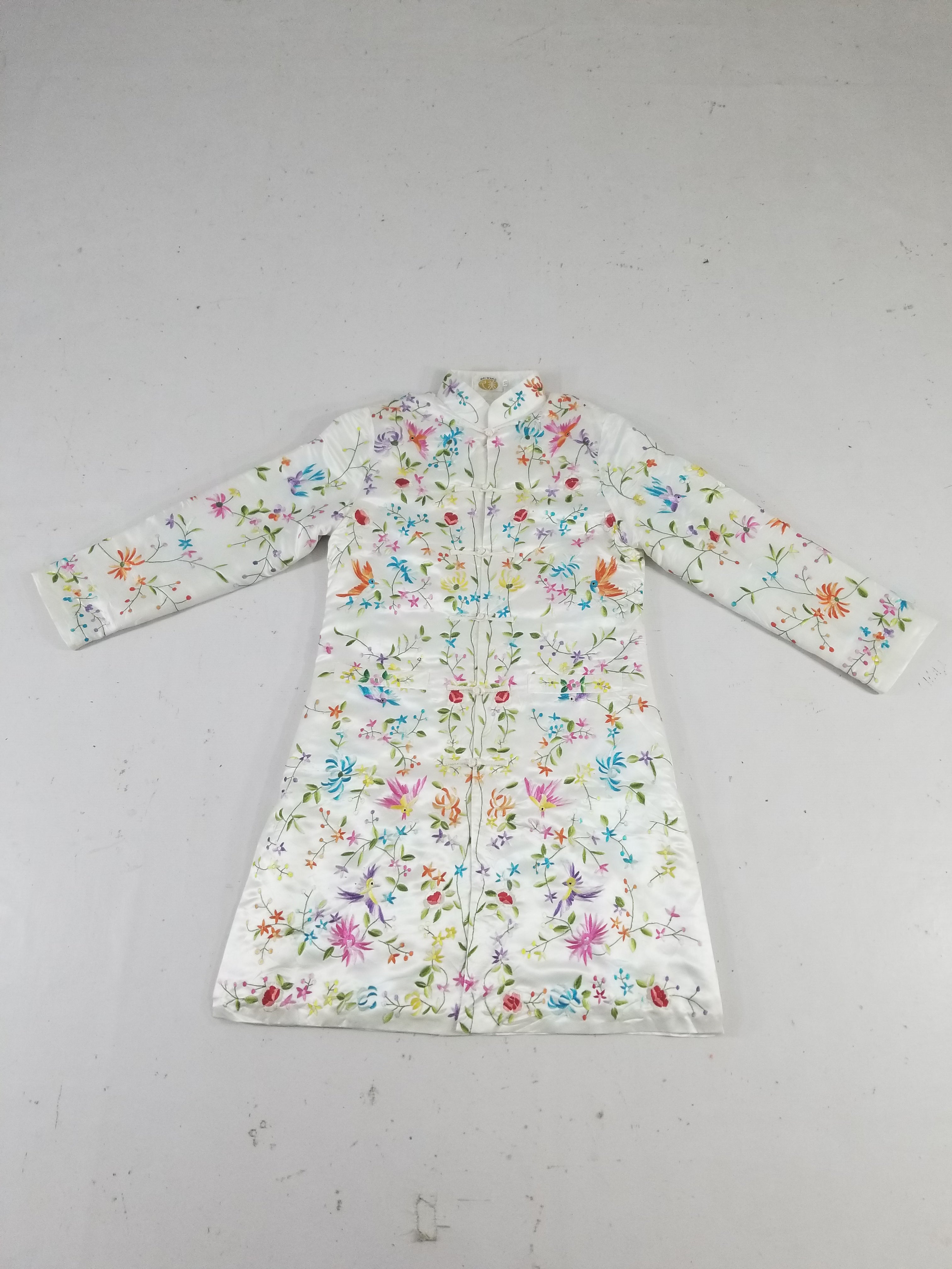 Antique Chinese Hand Embroidered Floral & Exotic Bird Mandarin Collar Silk Coat