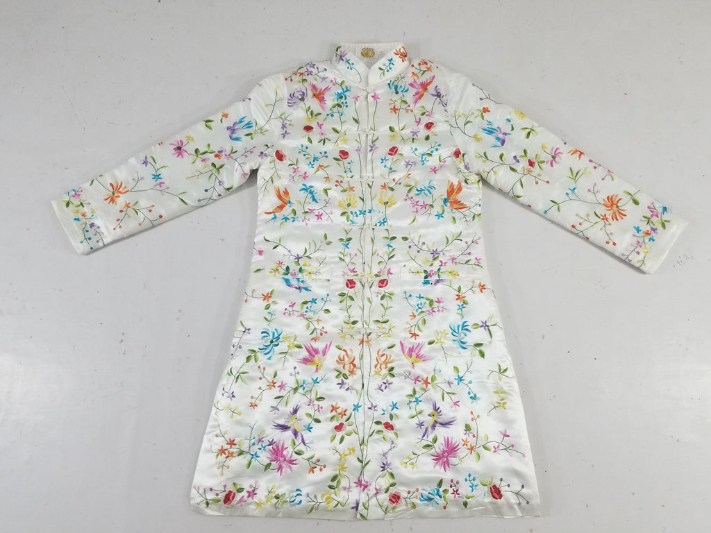 Antique Chinese Hand Embroidered Floral & Exotic Bird Mandarin Collar Silk Coat