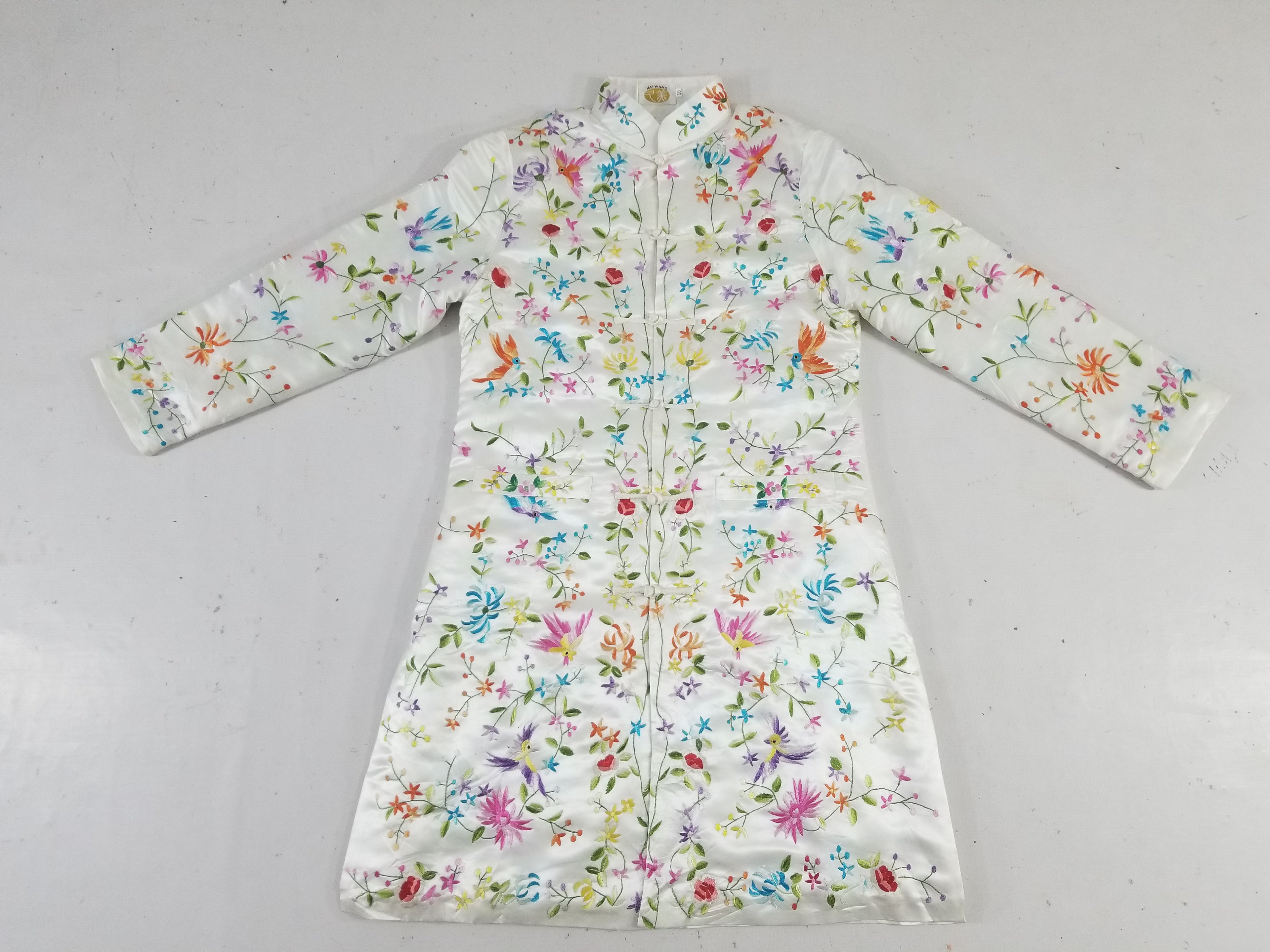 Antique Chinese Hand Embroidered Floral & Exotic Bird Mandarin Collar Silk Coat
