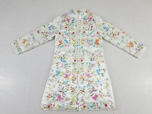 Antique Chinese Hand Embroidered Floral & Exotic Bird Mandarin Collar Silk Coat