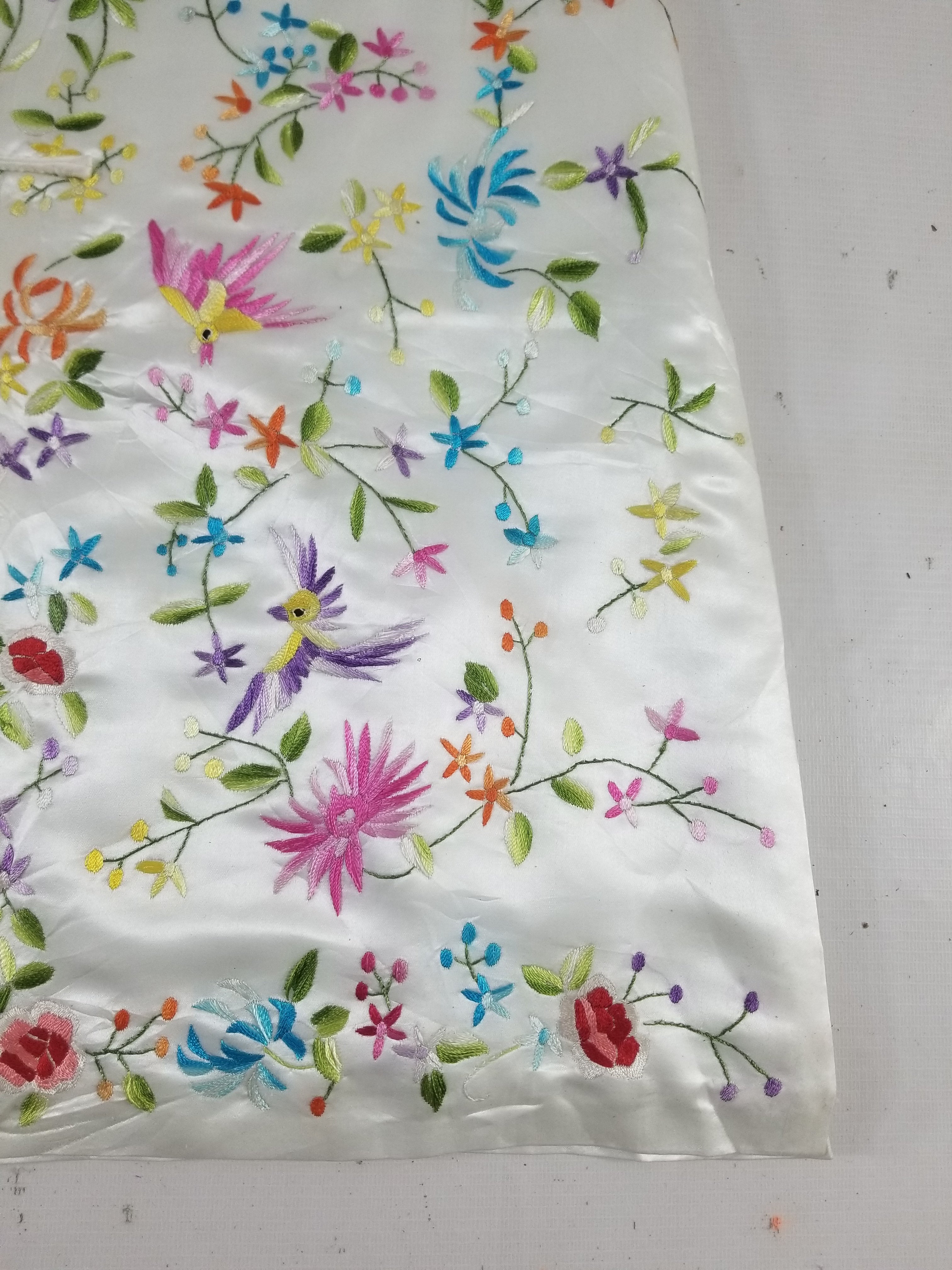Antique Chinese Hand Embroidered Floral & Exotic Bird Mandarin Collar Silk Coat