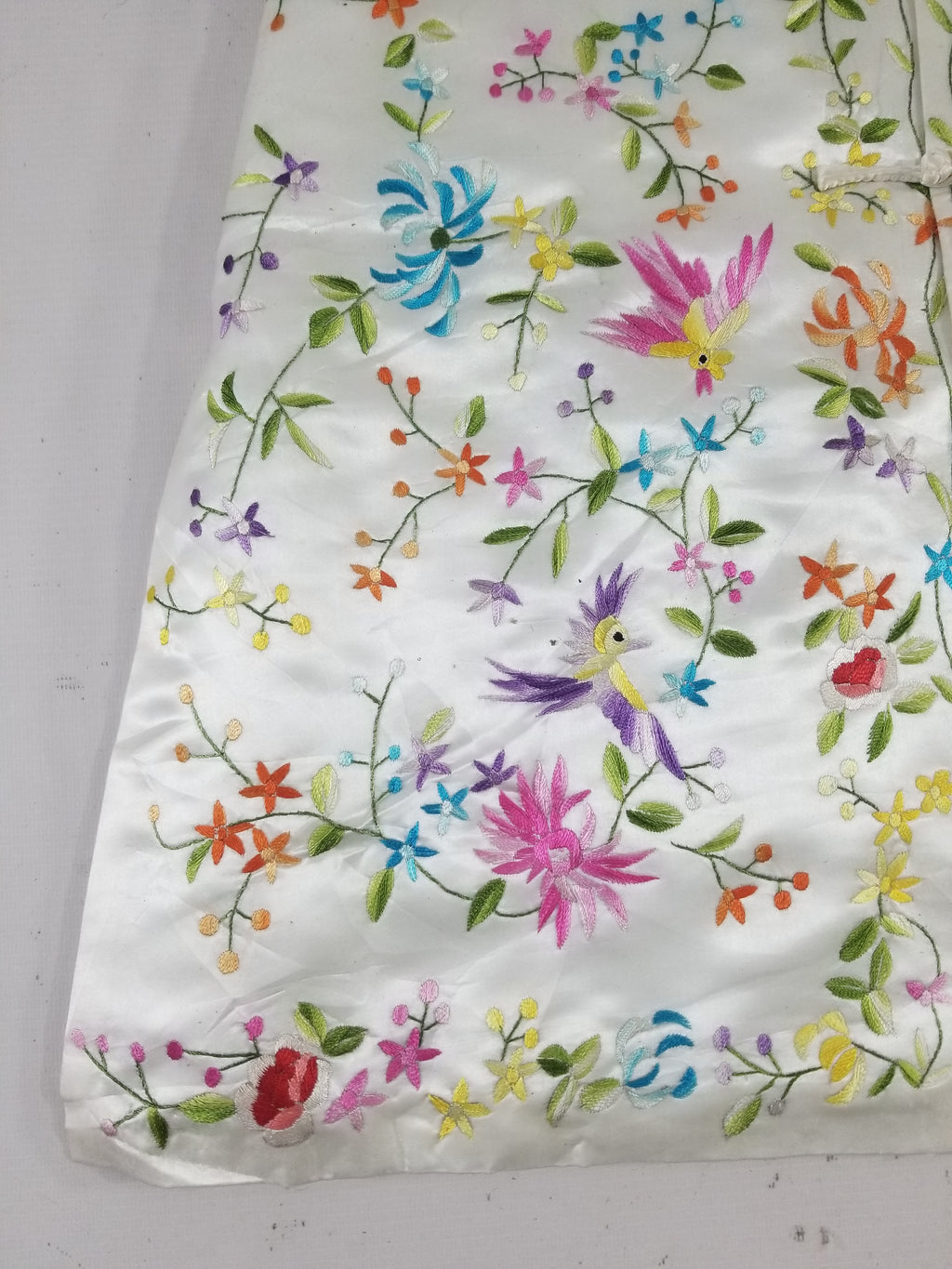 Antique Chinese Hand Embroidered Floral & Exotic Bird Mandarin Collar Silk Coat