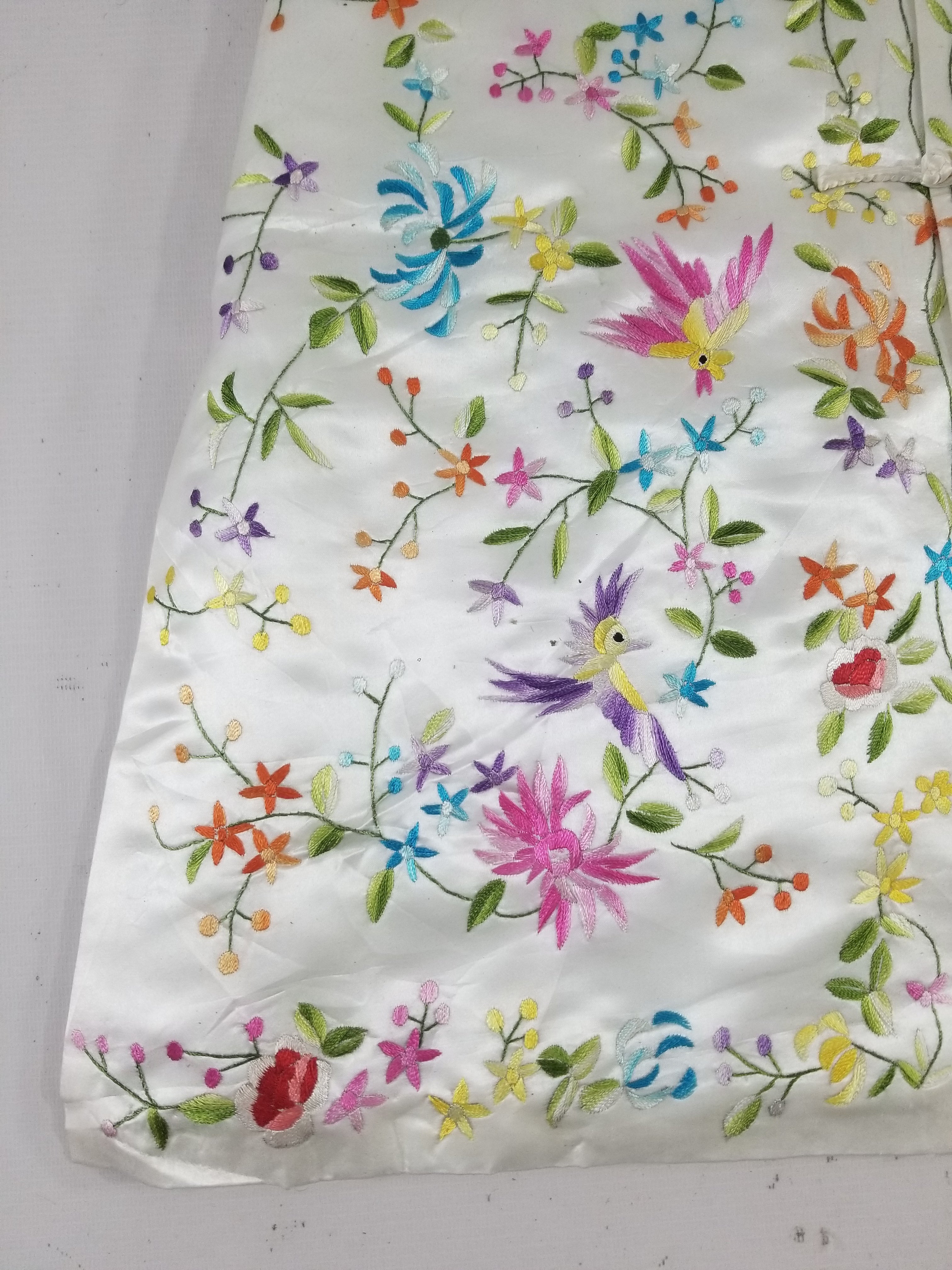 Antique Chinese Hand Embroidered Floral & Exotic Bird Mandarin Collar Silk Coat