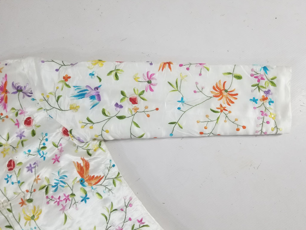 Antique Chinese Hand Embroidered Floral & Exotic Bird Mandarin Collar Silk Coat