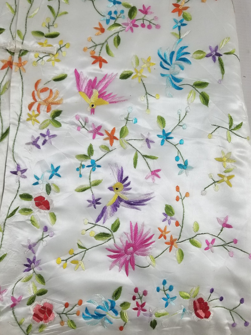Antique Chinese Hand Embroidered Floral & Exotic Bird Mandarin Collar Silk Coat