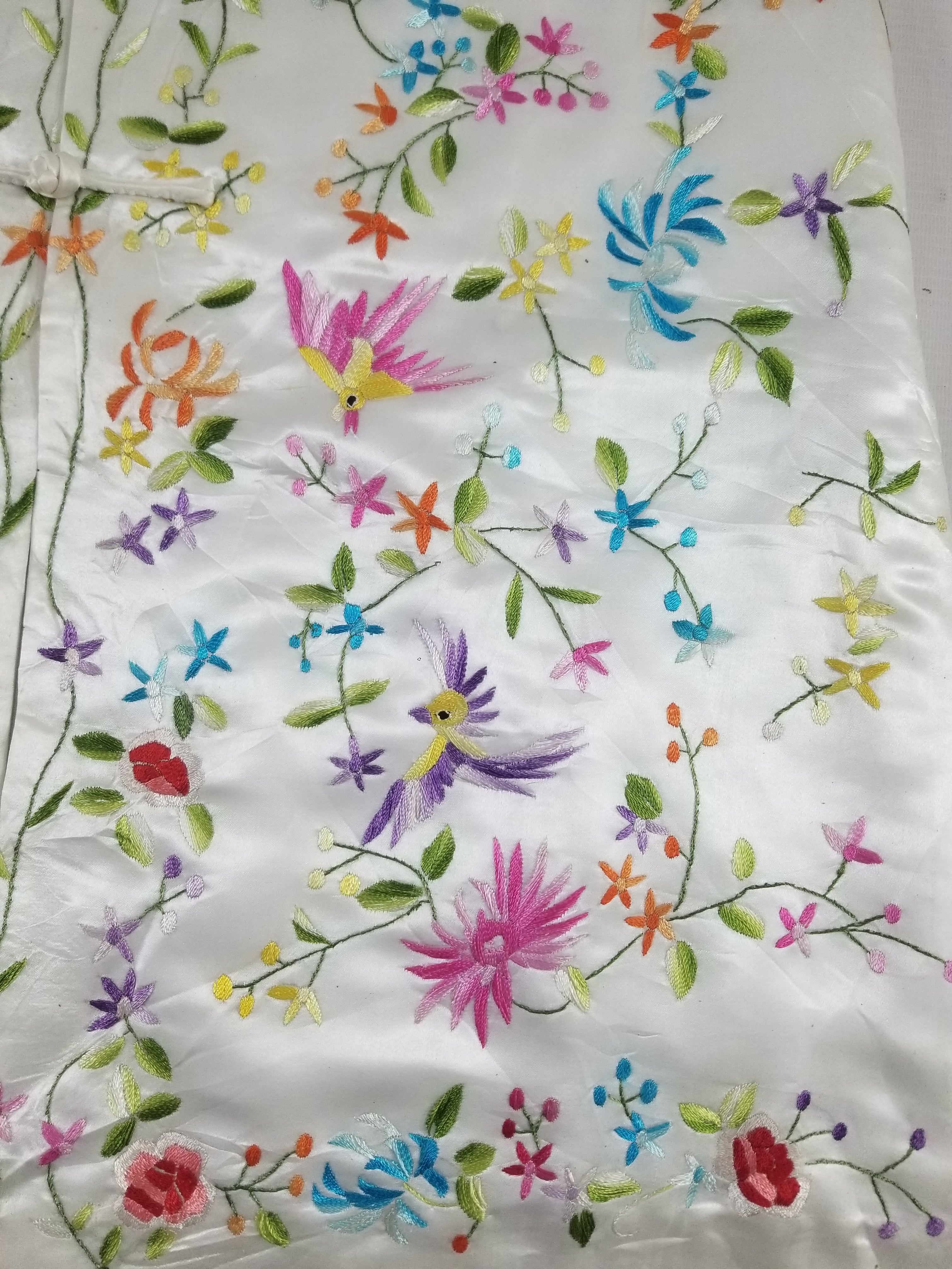 Antique Chinese Hand Embroidered Floral & Exotic Bird Mandarin Collar Silk Coat
