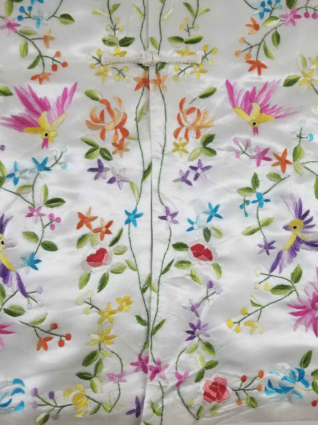 Antique Chinese Hand Embroidered Floral & Exotic Bird Mandarin Collar Silk Coat