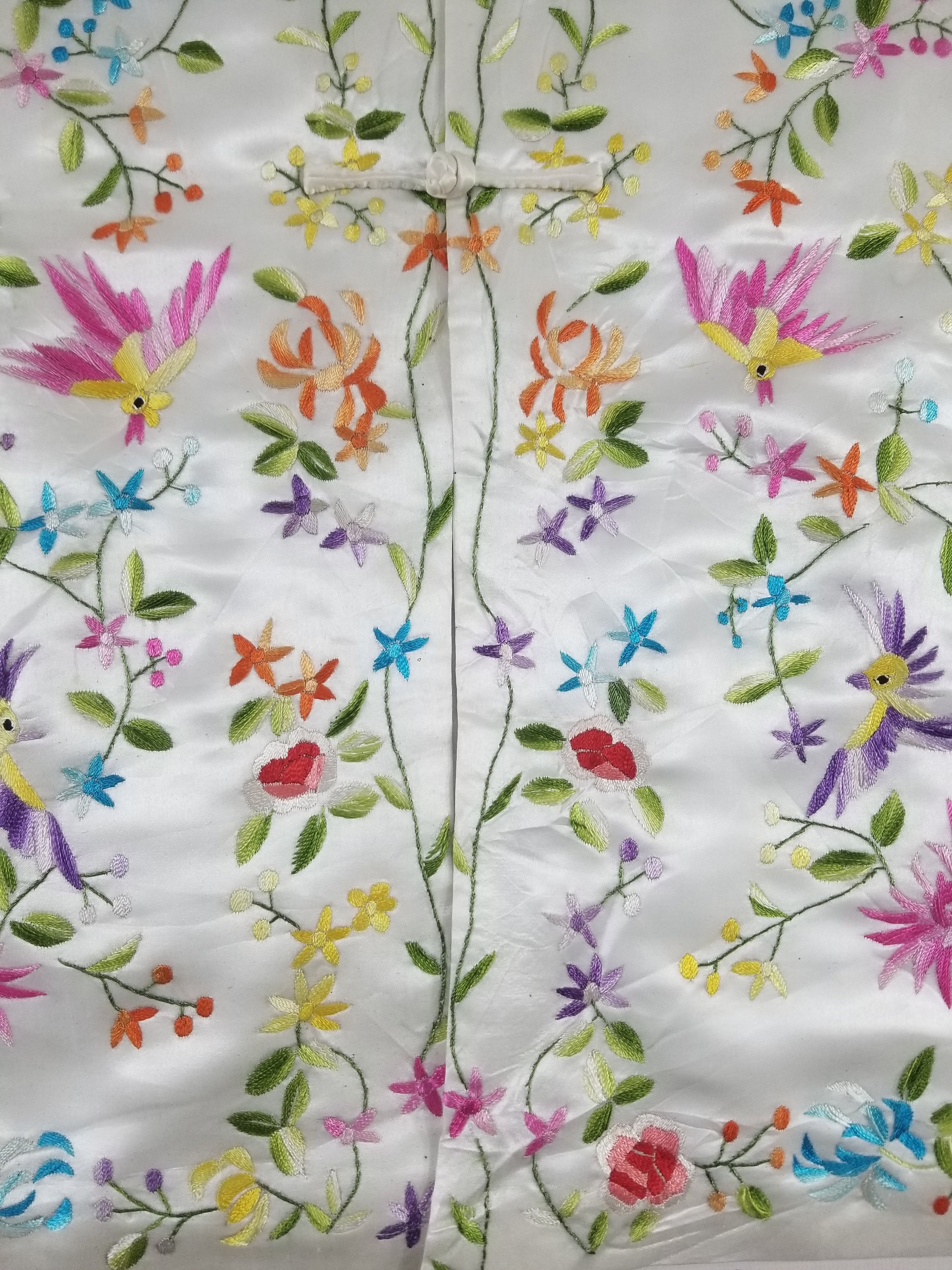 Antique Chinese Hand Embroidered Floral & Exotic Bird Mandarin Collar Silk Coat