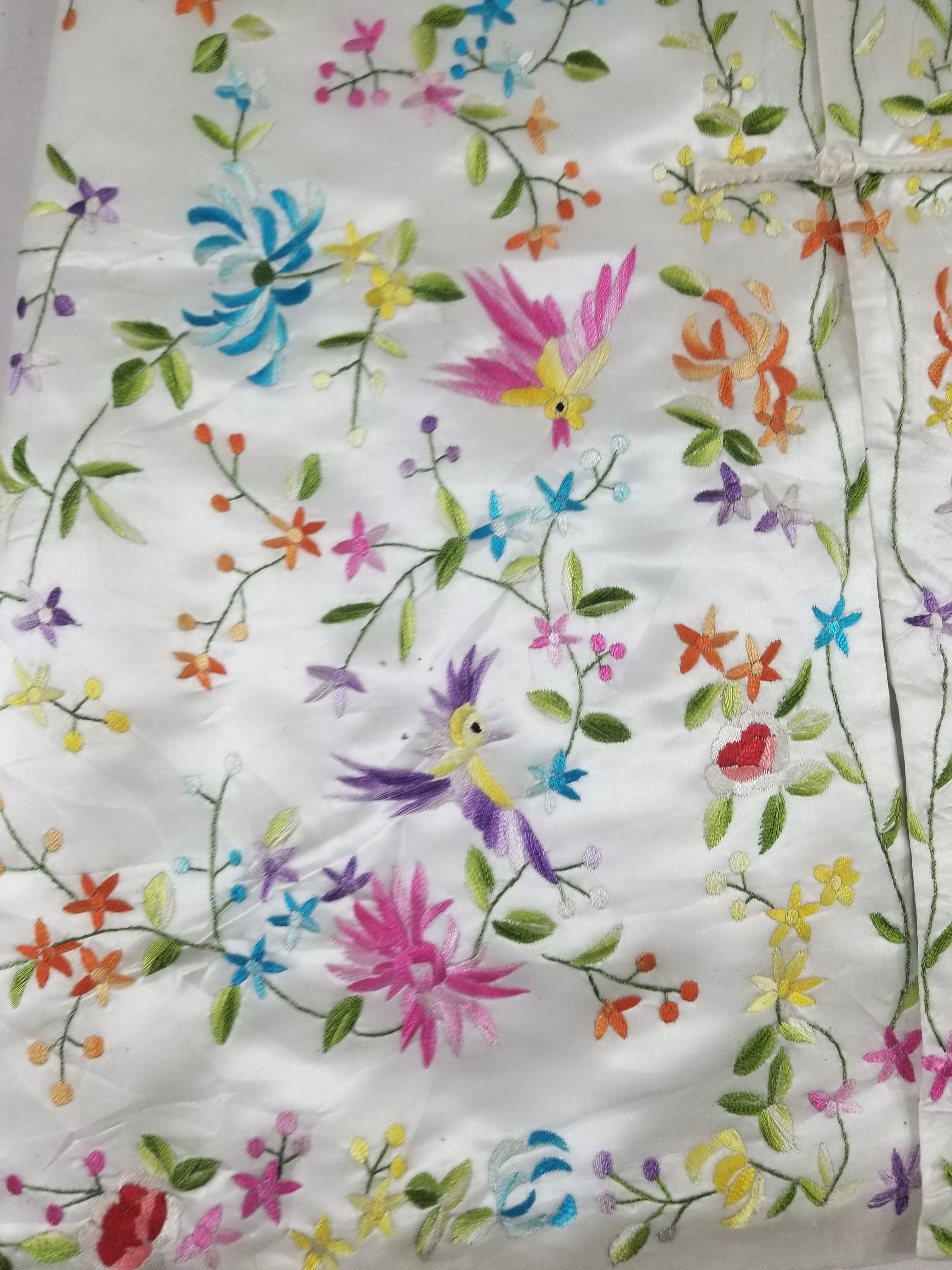 Antique Chinese Hand Embroidered Floral & Exotic Bird Mandarin Collar Silk Coat