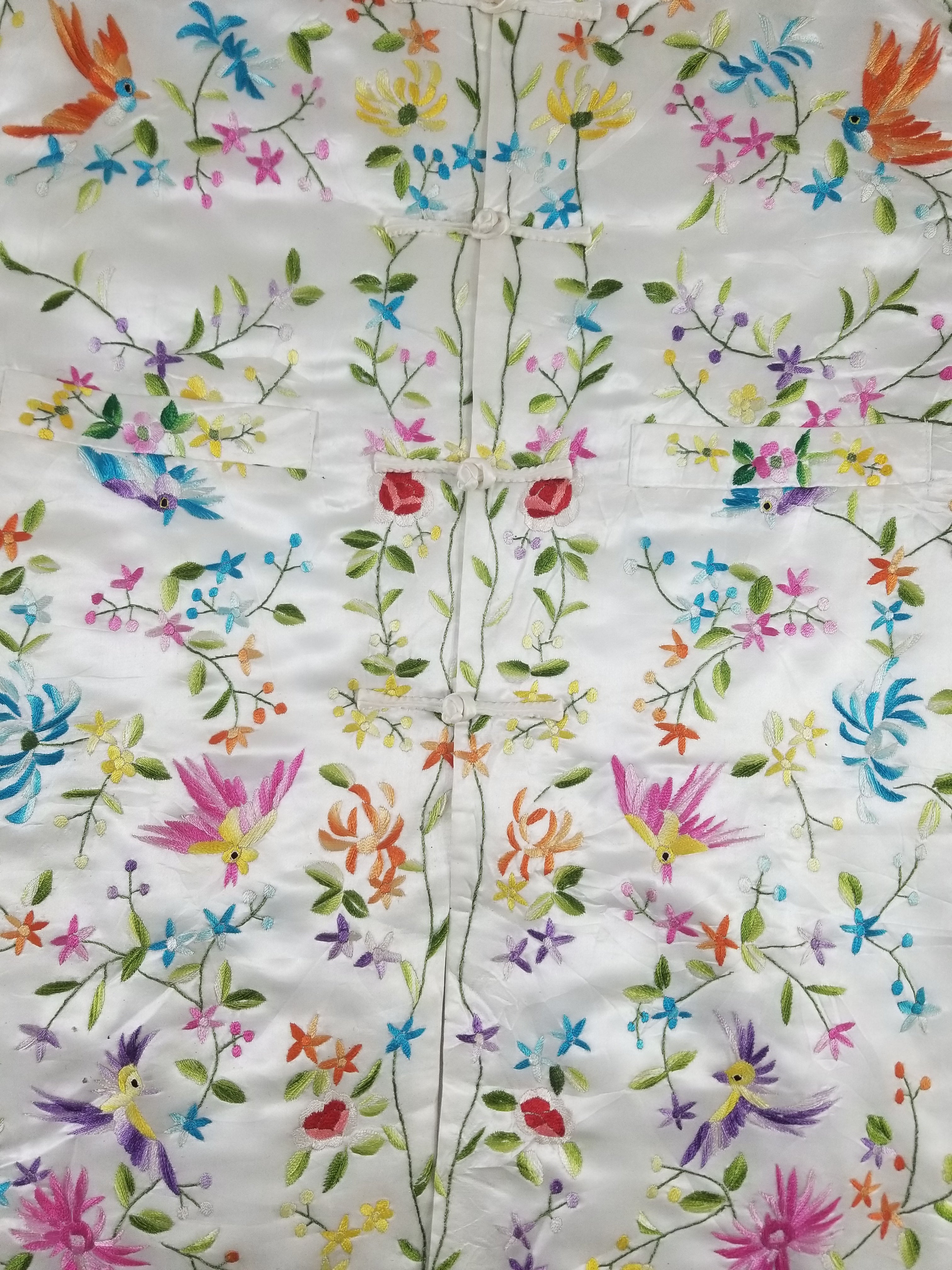 Antique Chinese Hand Embroidered Floral & Exotic Bird Mandarin Collar Silk Coat
