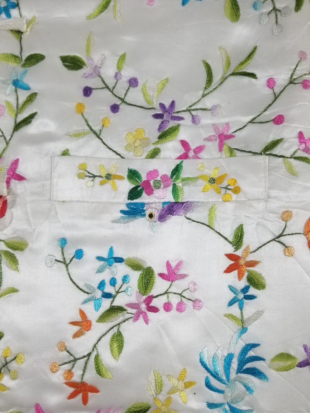 Antique Chinese Hand Embroidered Floral & Exotic Bird Mandarin Collar Silk Coat