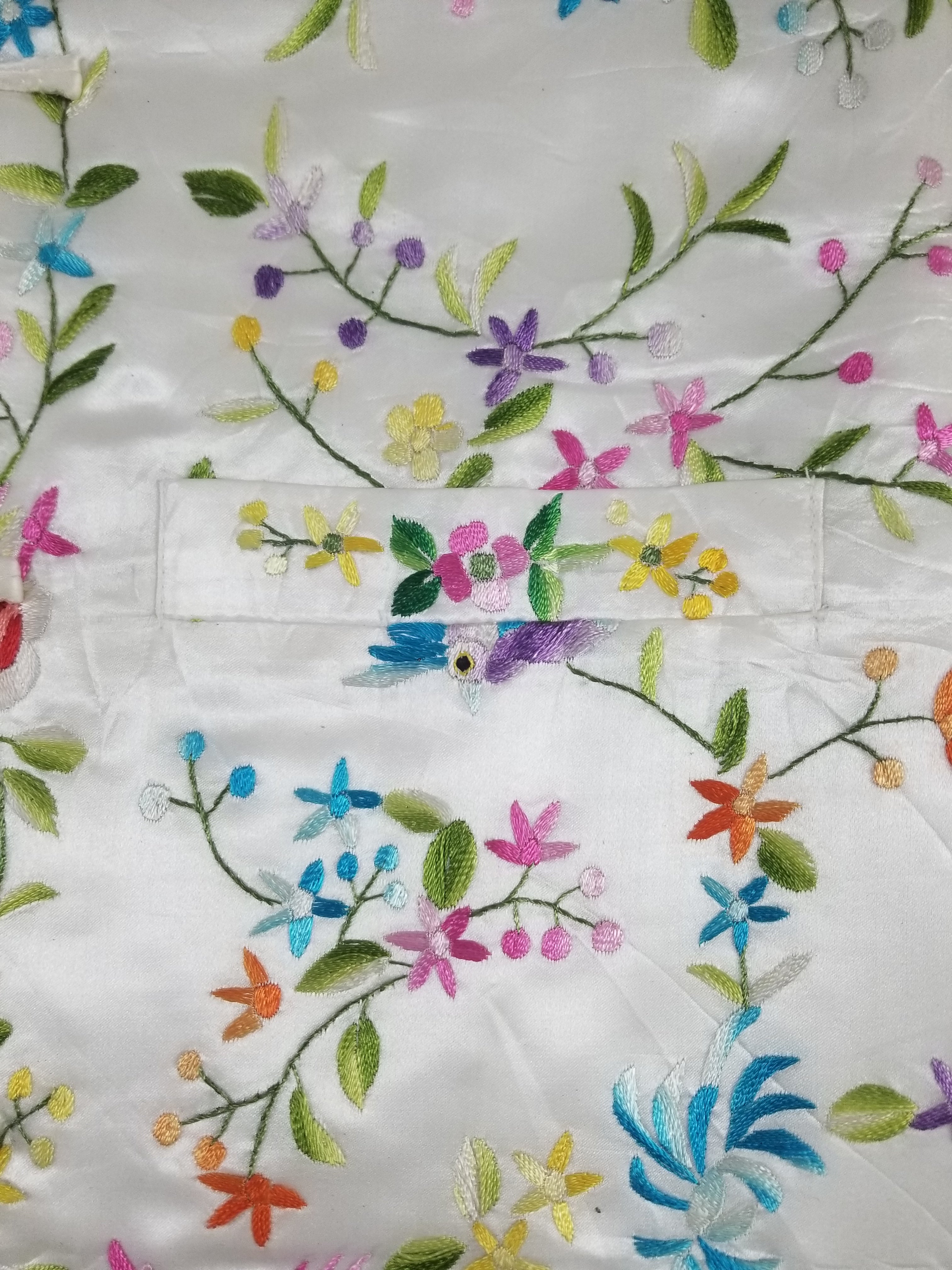 Antique Chinese Hand Embroidered Floral & Exotic Bird Mandarin Collar Silk Coat