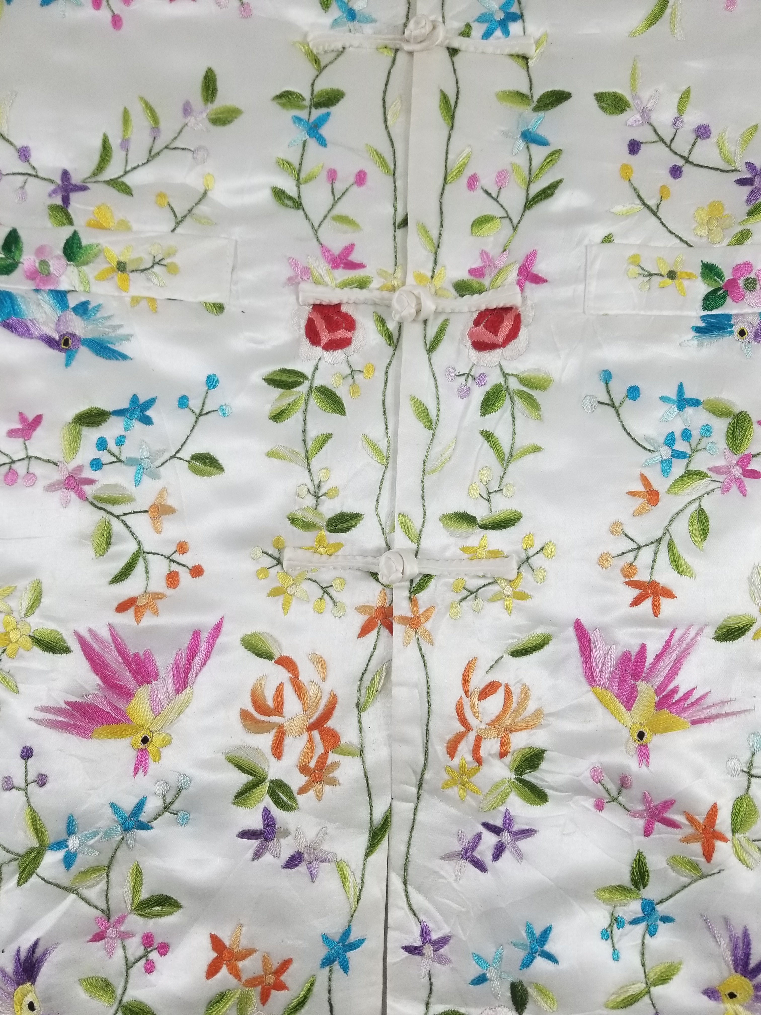 Antique Chinese Hand Embroidered Floral & Exotic Bird Mandarin Collar Silk Coat