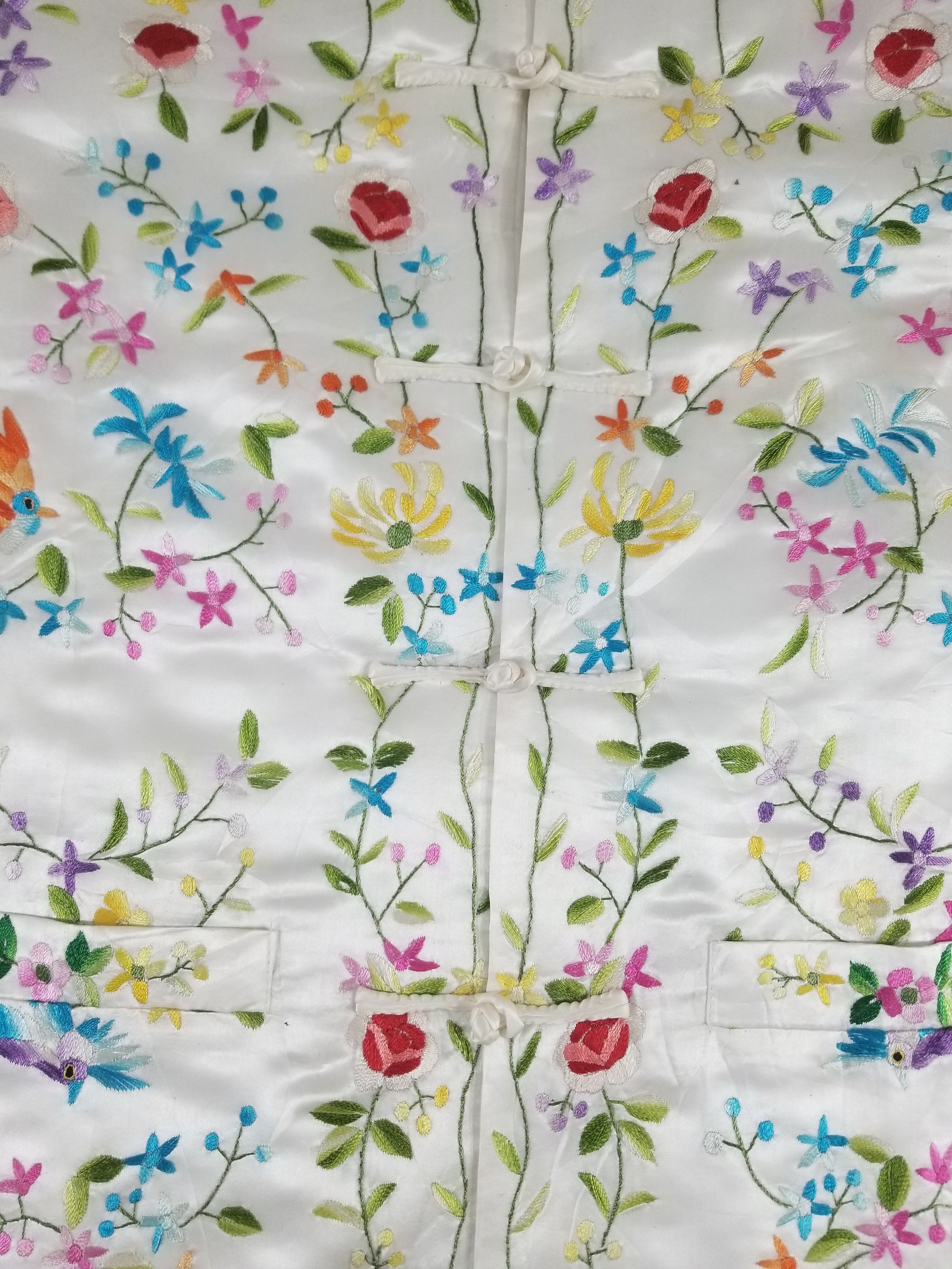 Antique Chinese Hand Embroidered Floral & Exotic Bird Mandarin Collar Silk Coat