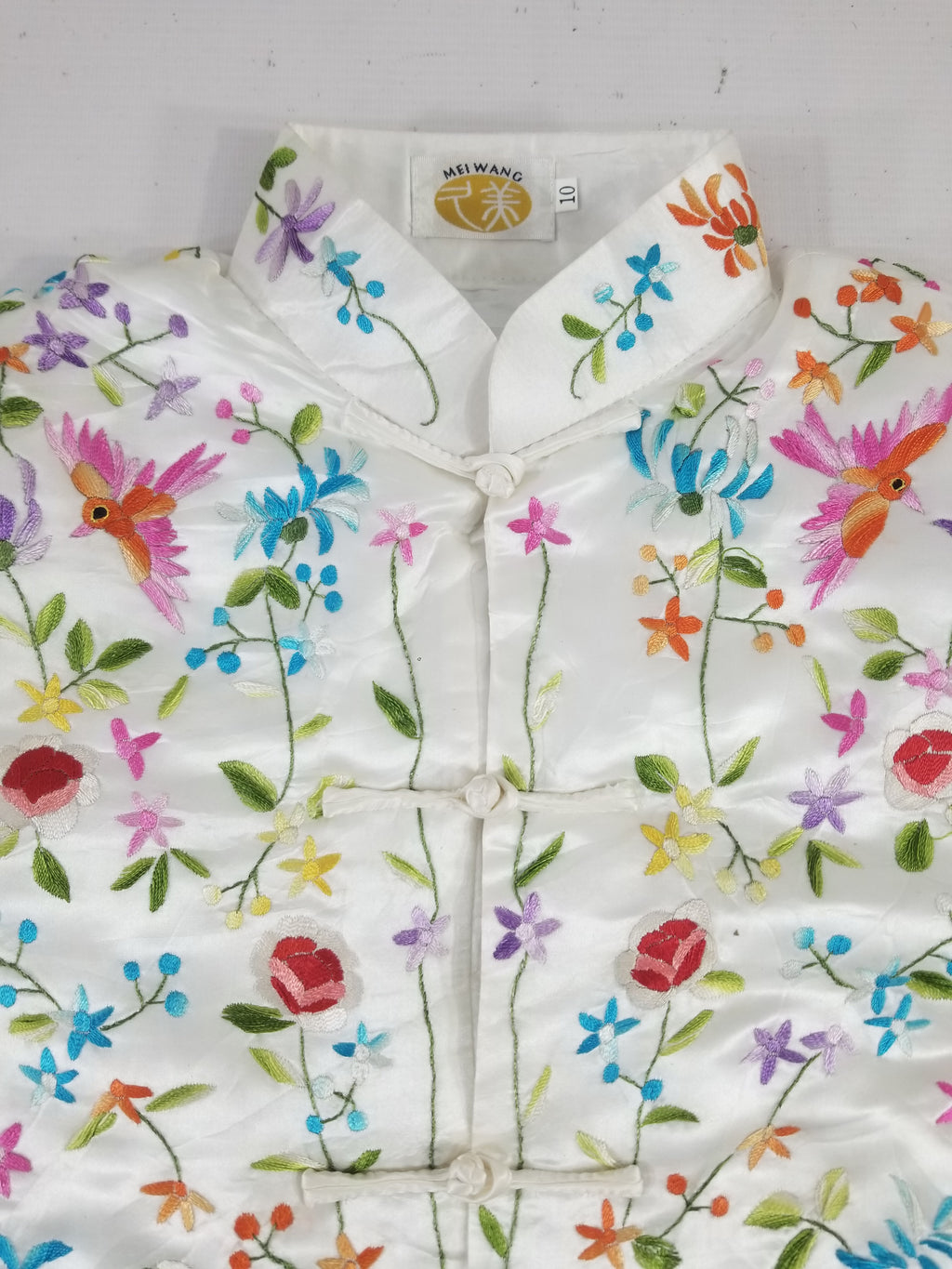 Antique Chinese Hand Embroidered Floral & Exotic Bird Mandarin Collar Silk Coat