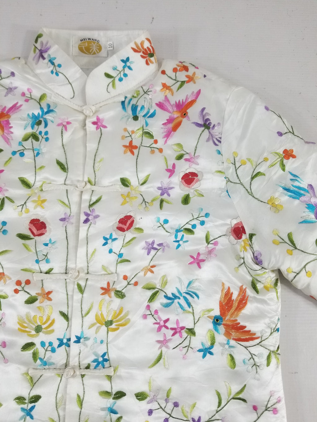Antique Chinese Hand Embroidered Floral & Exotic Bird Mandarin Collar Silk Coat