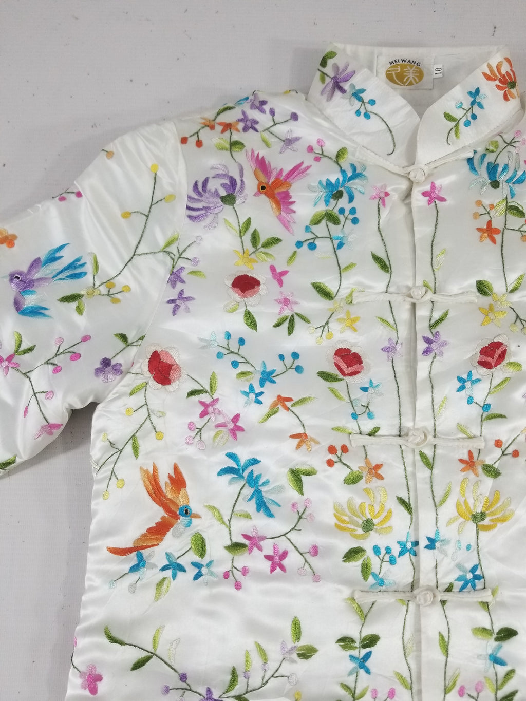 Antique Chinese Hand Embroidered Floral & Exotic Bird Mandarin Collar Silk Coat