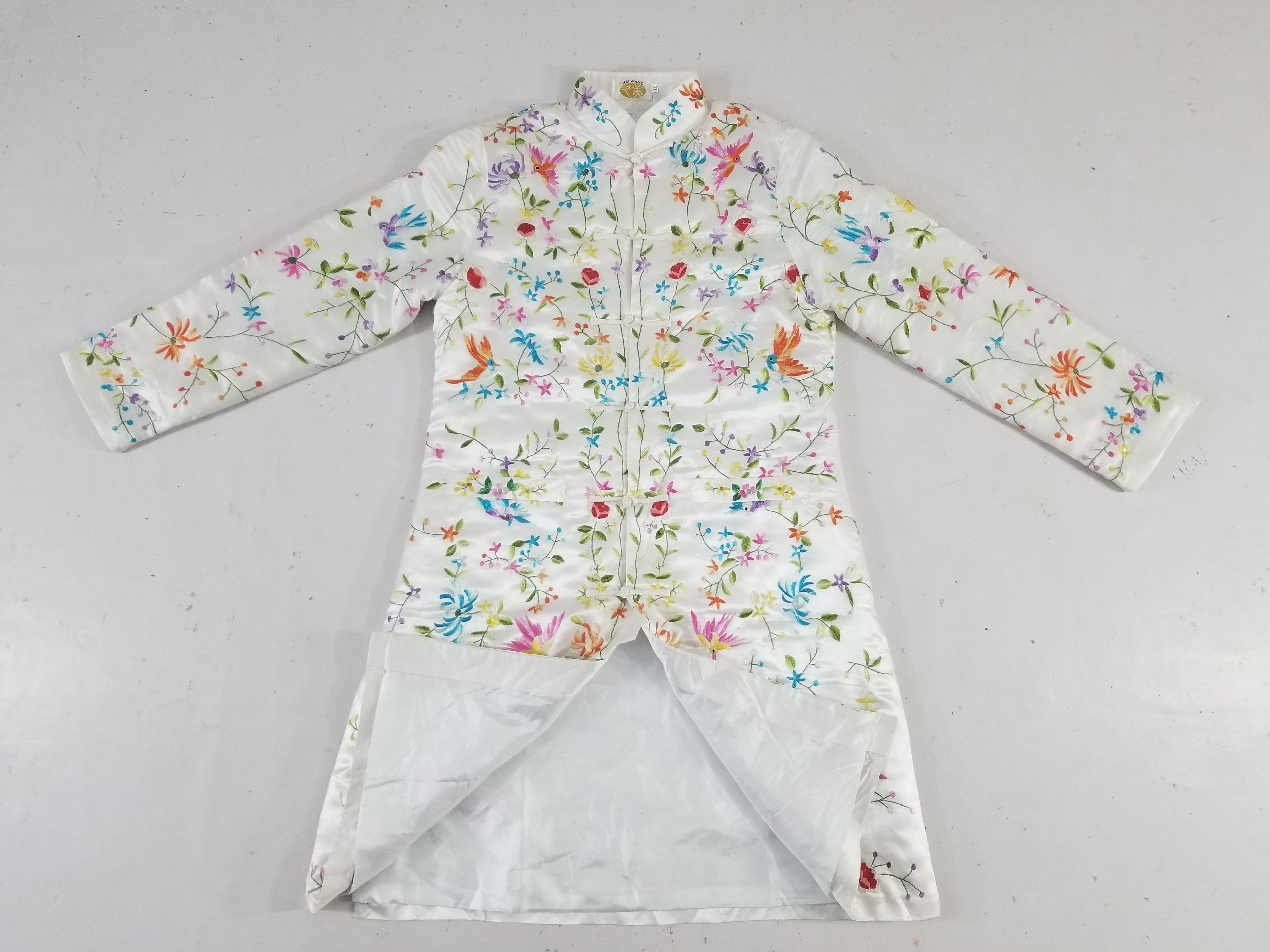 Antique Chinese Hand Embroidered Floral & Exotic Bird Mandarin Collar Silk Coat
