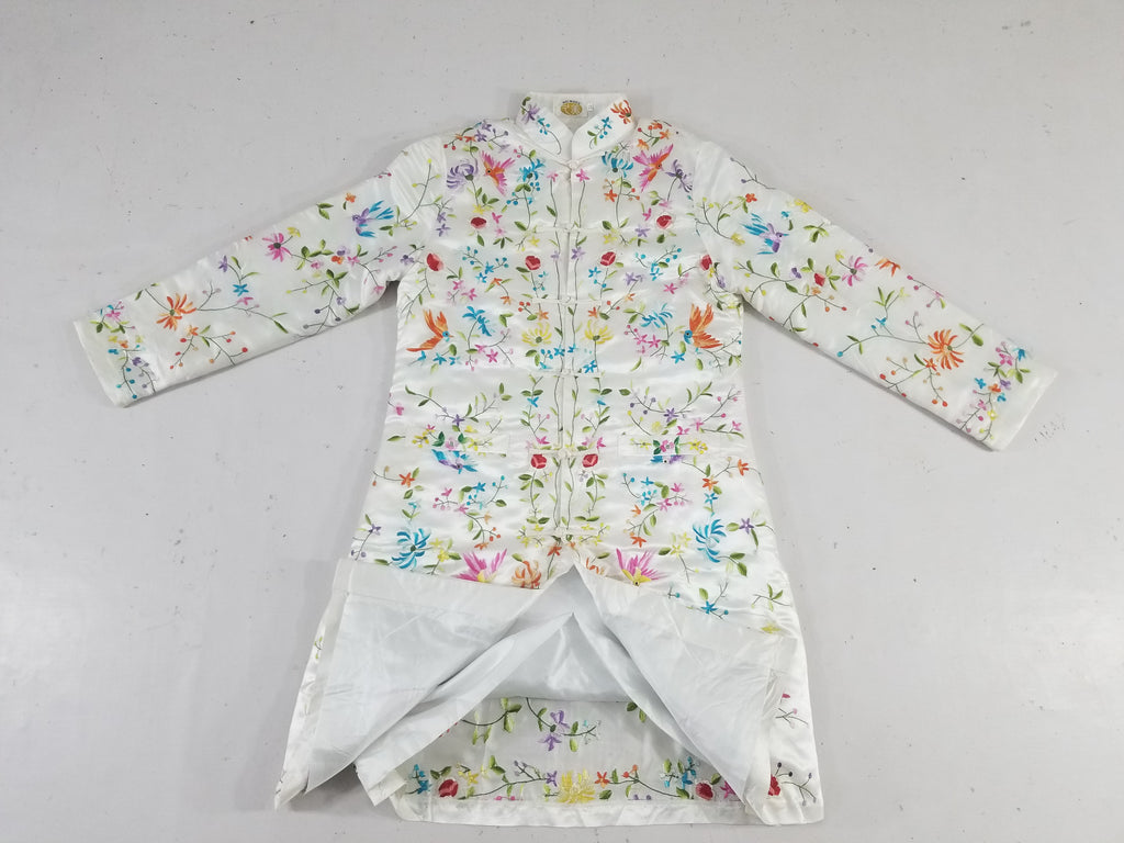 Antique Chinese Hand Embroidered Floral & Exotic Bird Mandarin Collar Silk Coat