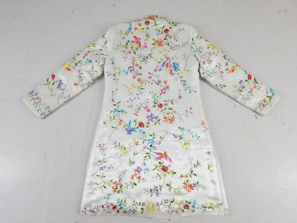 Antique Chinese Hand Embroidered Floral & Exotic Bird Mandarin Collar Silk Coat