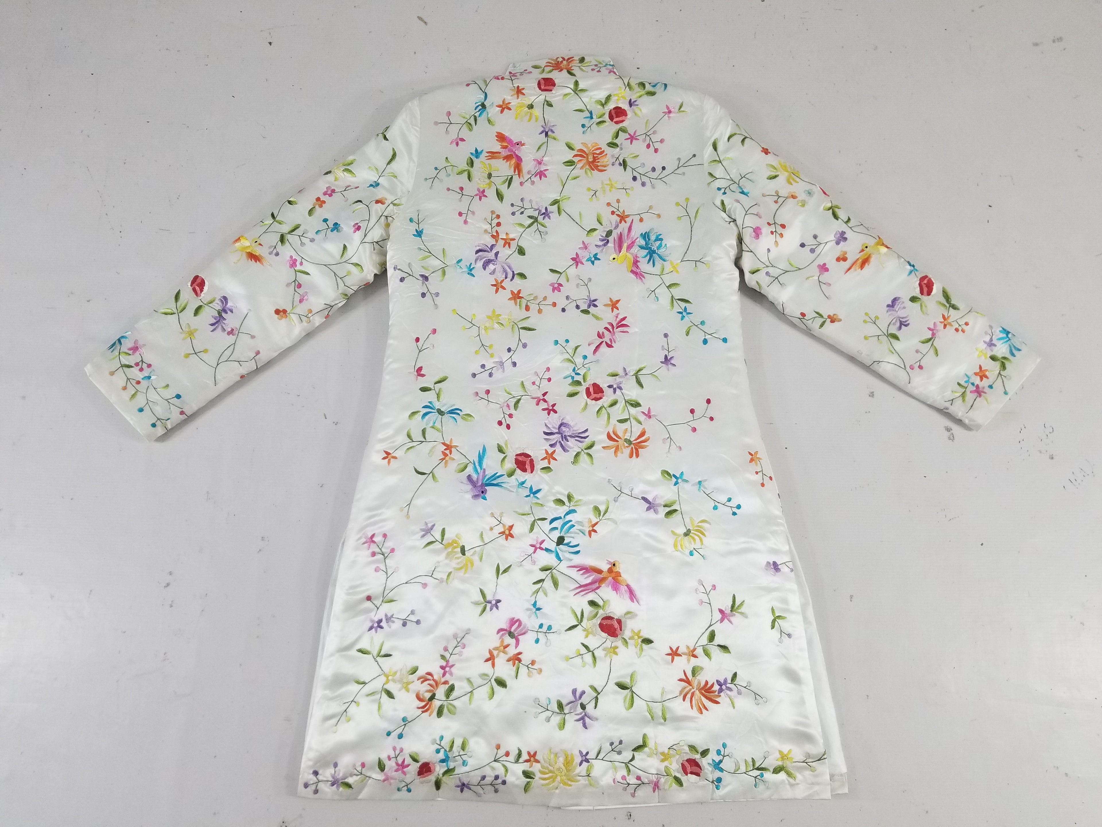 Antique Chinese Hand Embroidered Floral & Exotic Bird Mandarin Collar Silk Coat