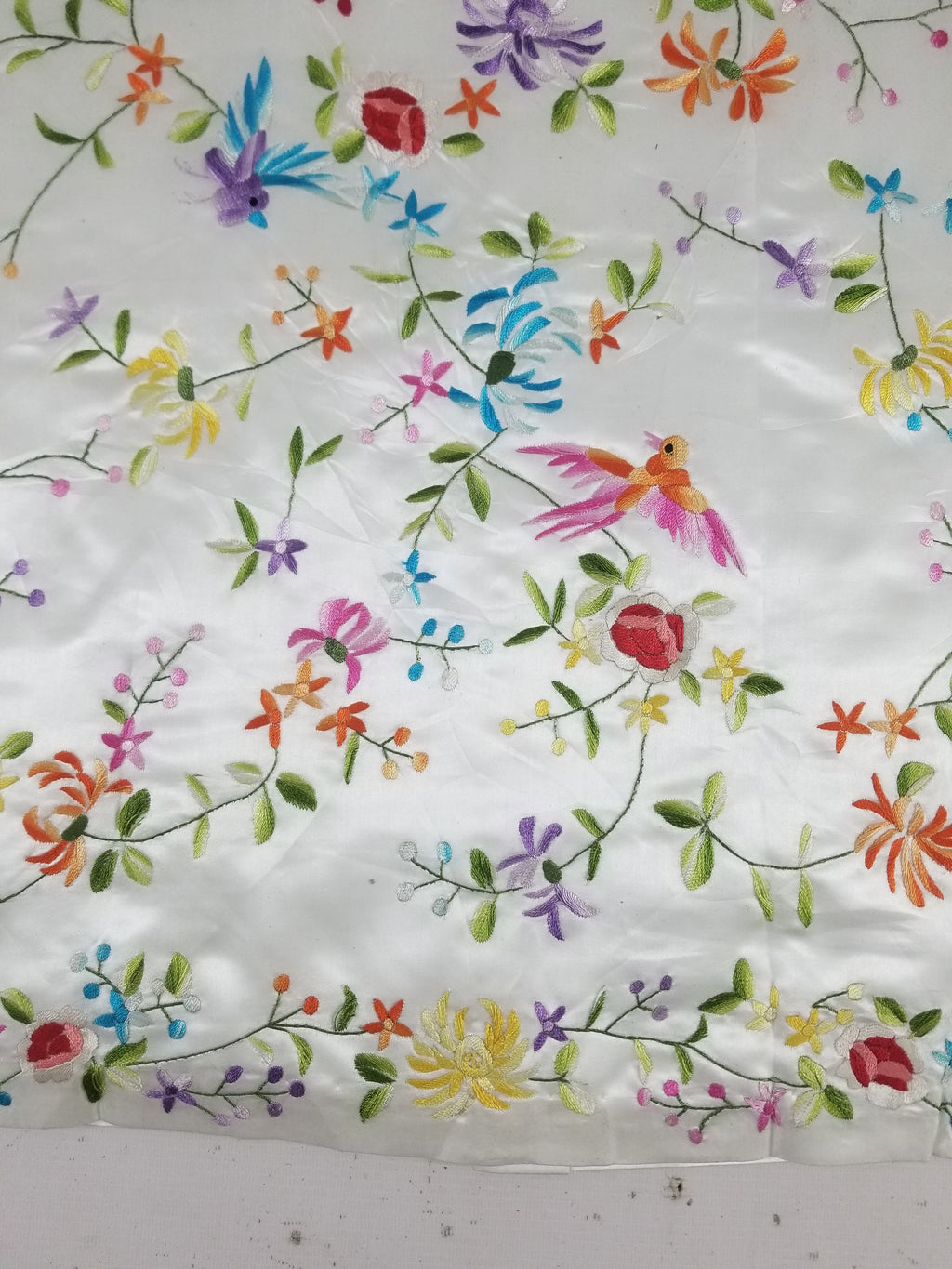 Antique Chinese Hand Embroidered Floral & Exotic Bird Mandarin Collar Silk Coat