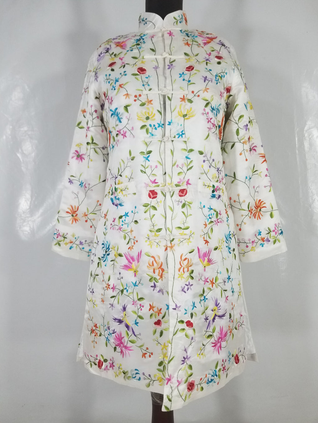 Antique Chinese Hand Embroidered Floral & Exotic Bird Mandarin Collar Silk Coat