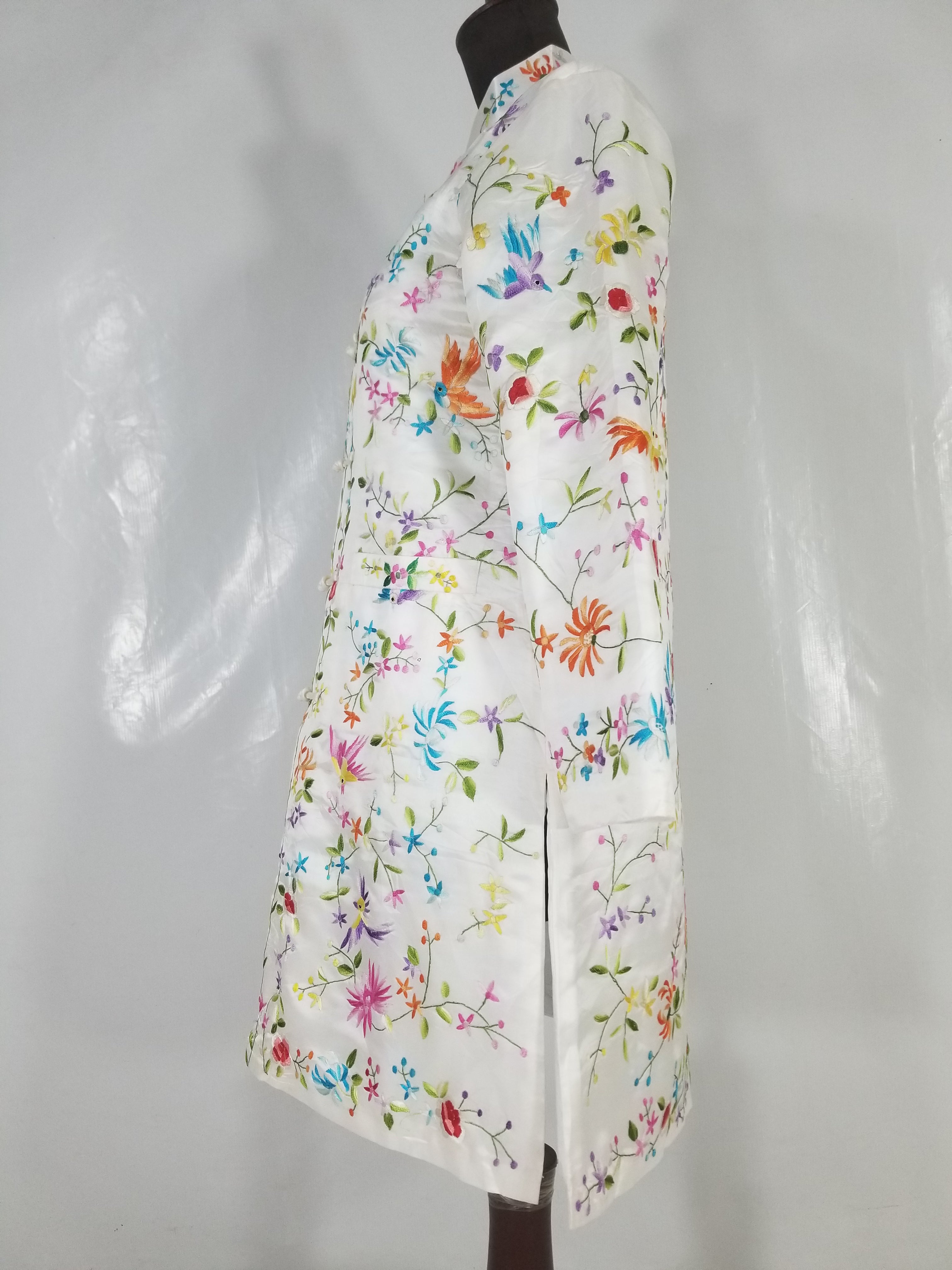 Antique Chinese Hand Embroidered Floral & Exotic Bird Mandarin Collar Silk Coat