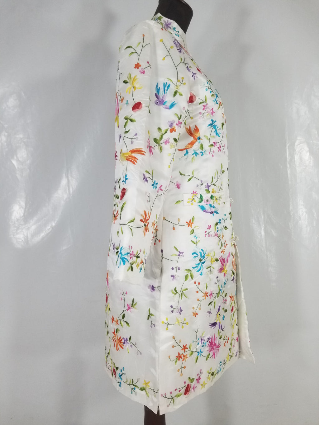 Antique Chinese Hand Embroidered Floral & Exotic Bird Mandarin Collar Silk Coat