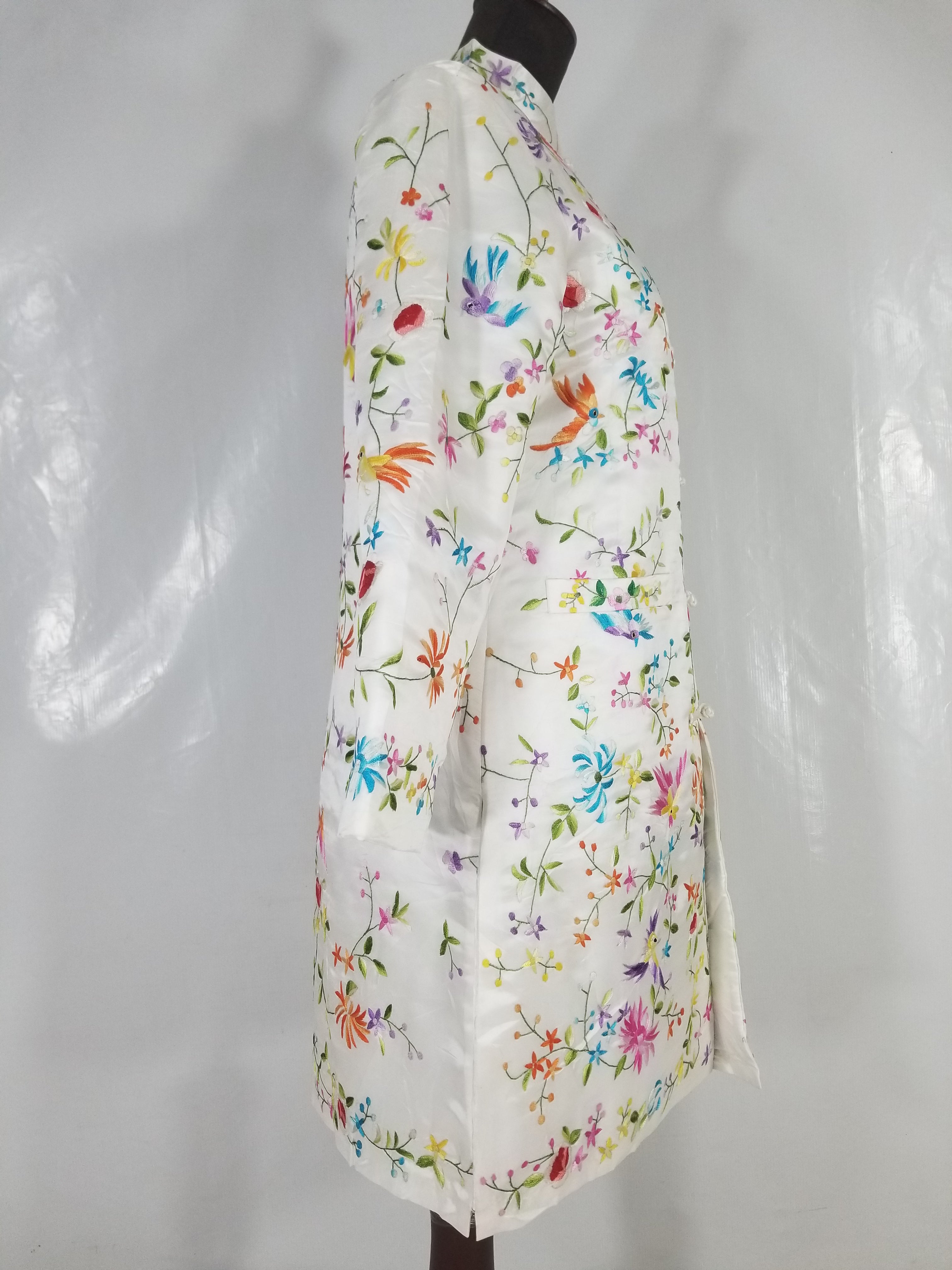 Antique Chinese Hand Embroidered Floral & Exotic Bird Mandarin Collar Silk Coat