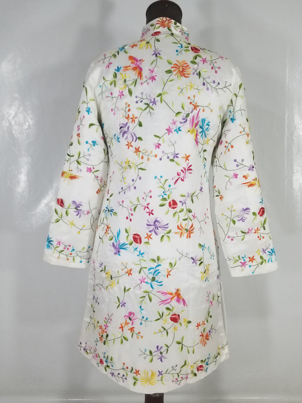 Antique Chinese Hand Embroidered Floral & Exotic Bird Mandarin Collar Silk Coat