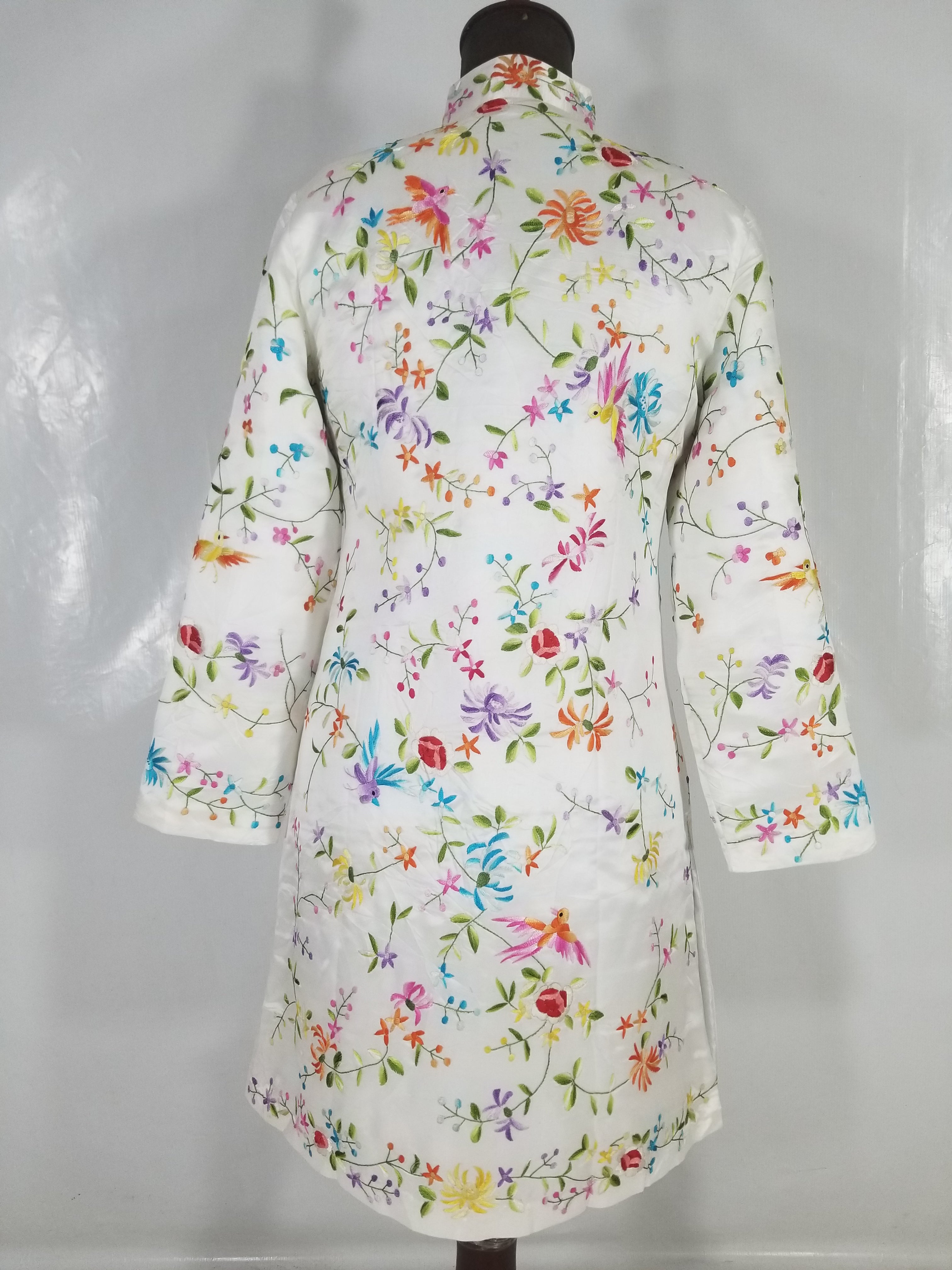 Antique Chinese Hand Embroidered Floral & Exotic Bird Mandarin Collar Silk Coat