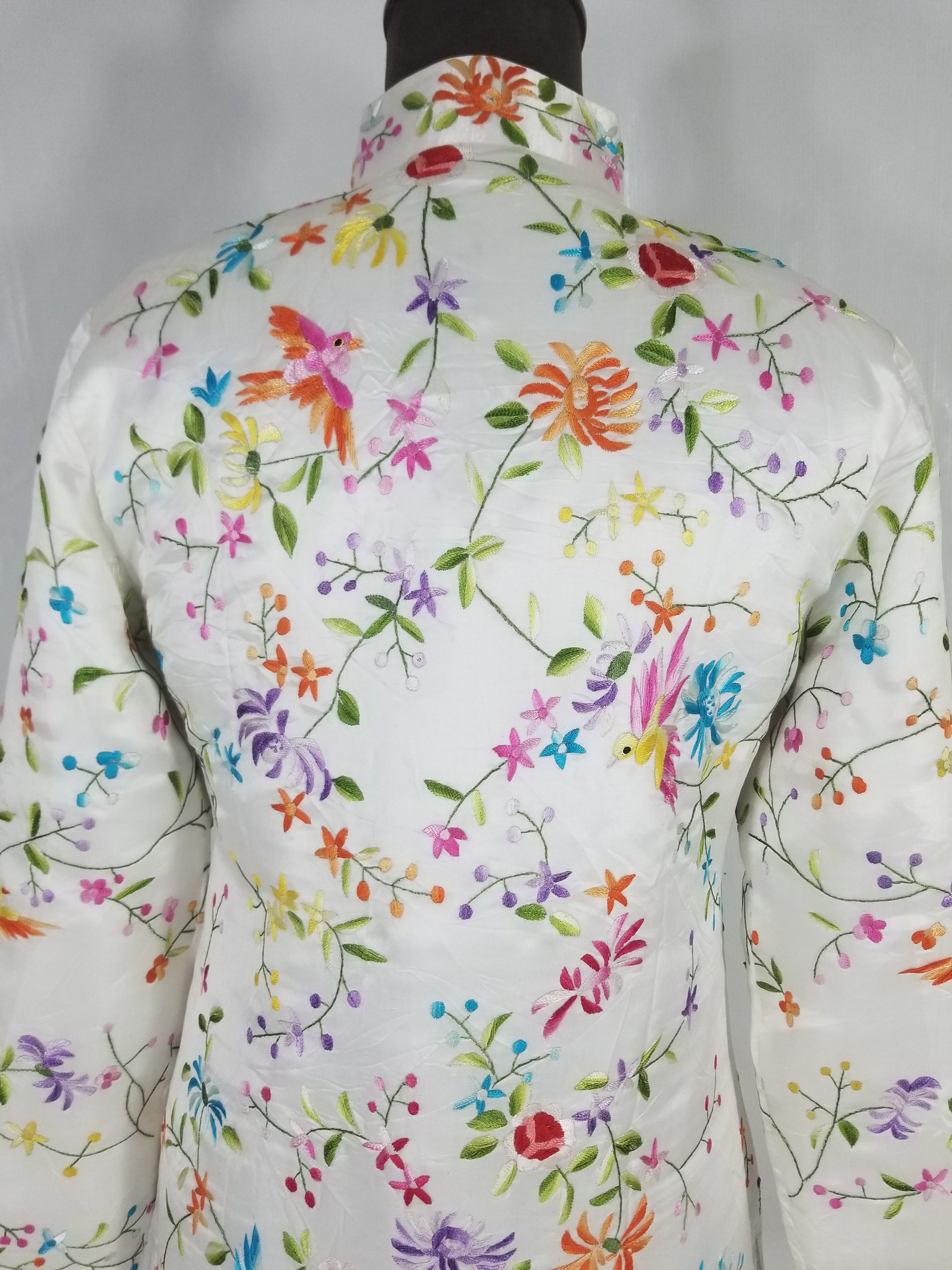 Antique Chinese Hand Embroidered Floral & Exotic Bird Mandarin Collar Silk Coat