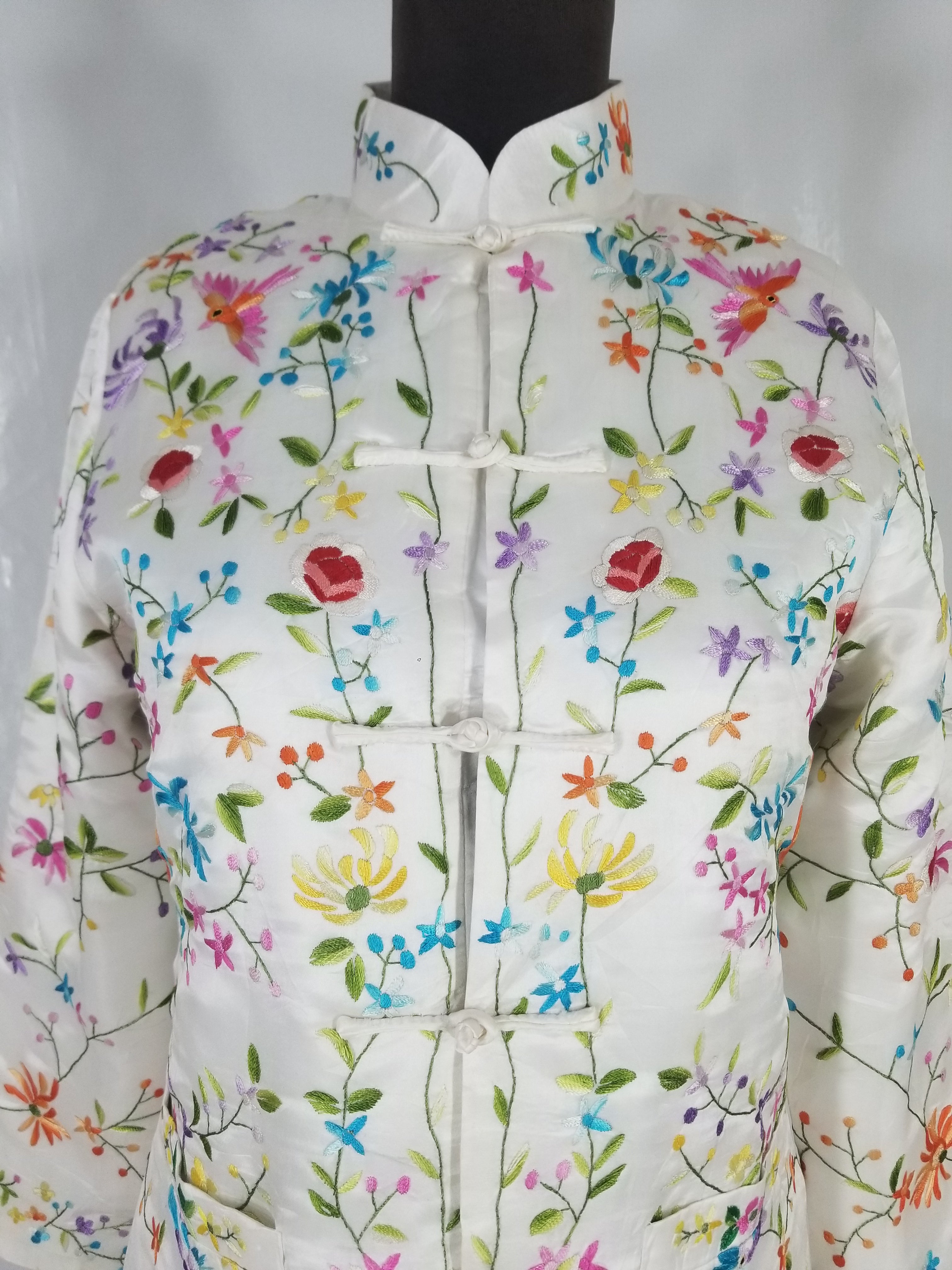 Antique Chinese Hand Embroidered Floral & Exotic Bird Mandarin Collar Silk Coat
