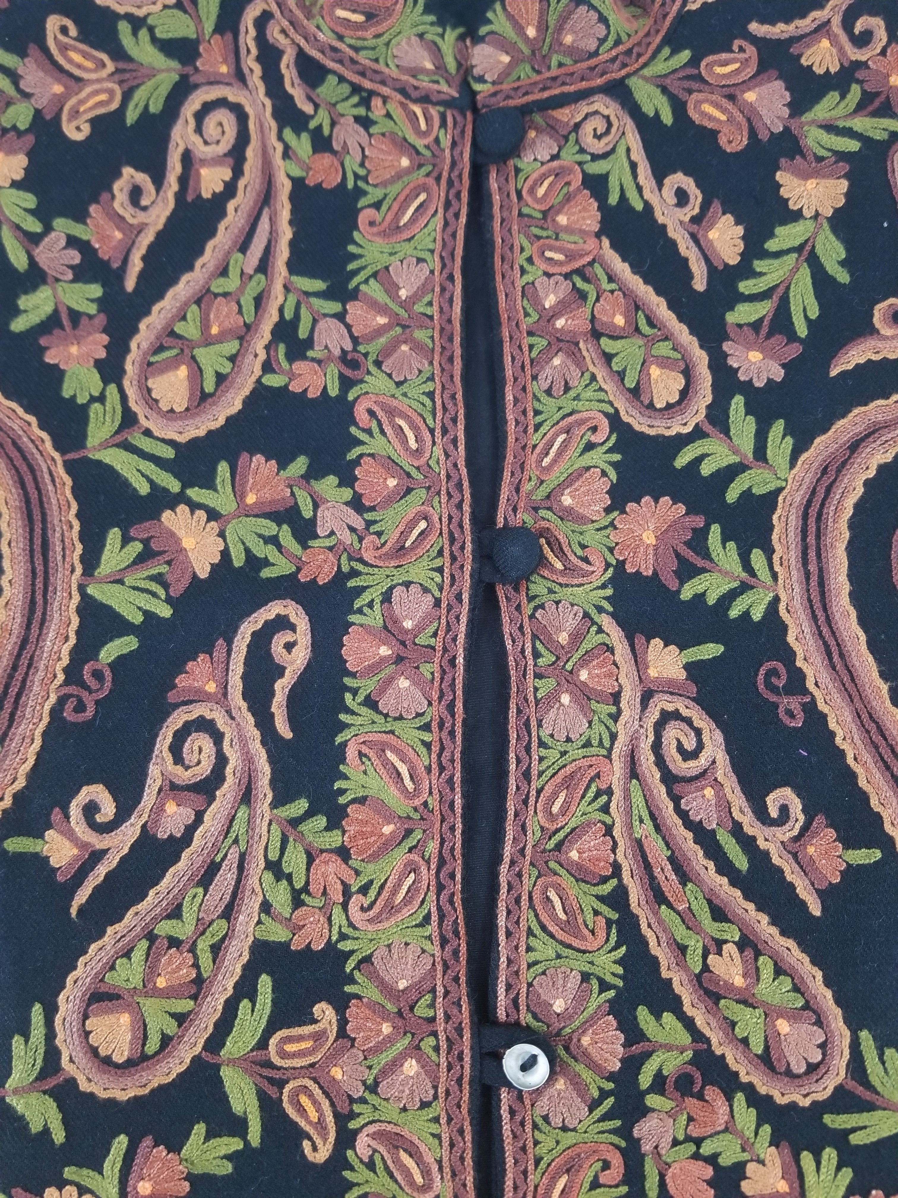 Vintage Traditional Kashmiri Crewel Embroidered Paisley Wool Jacket