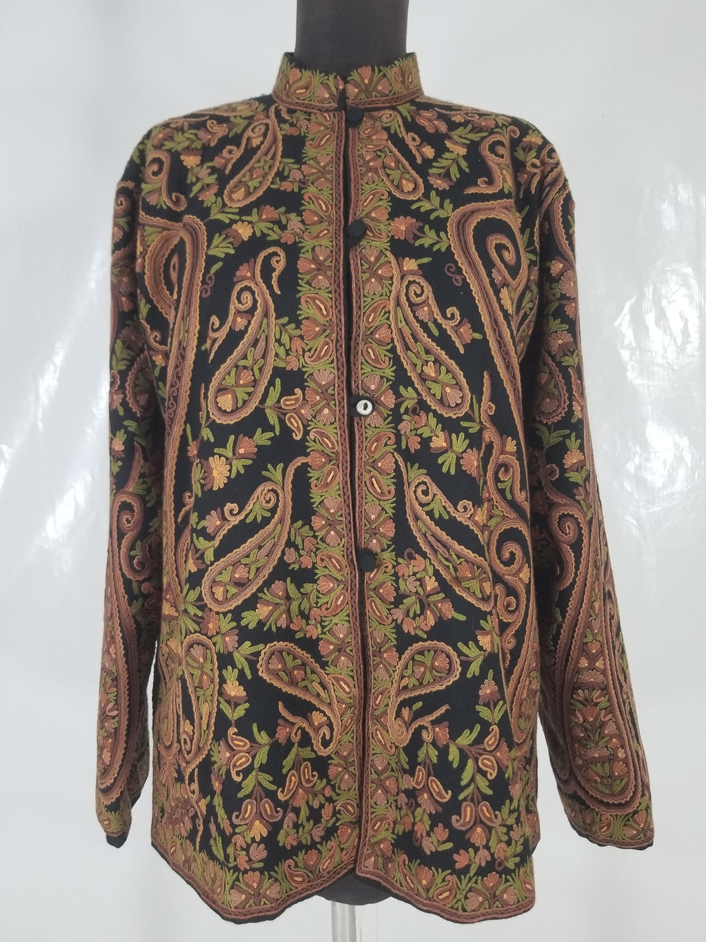 Vintage Traditional Kashmiri Crewel Embroidered Paisley Wool Jacket