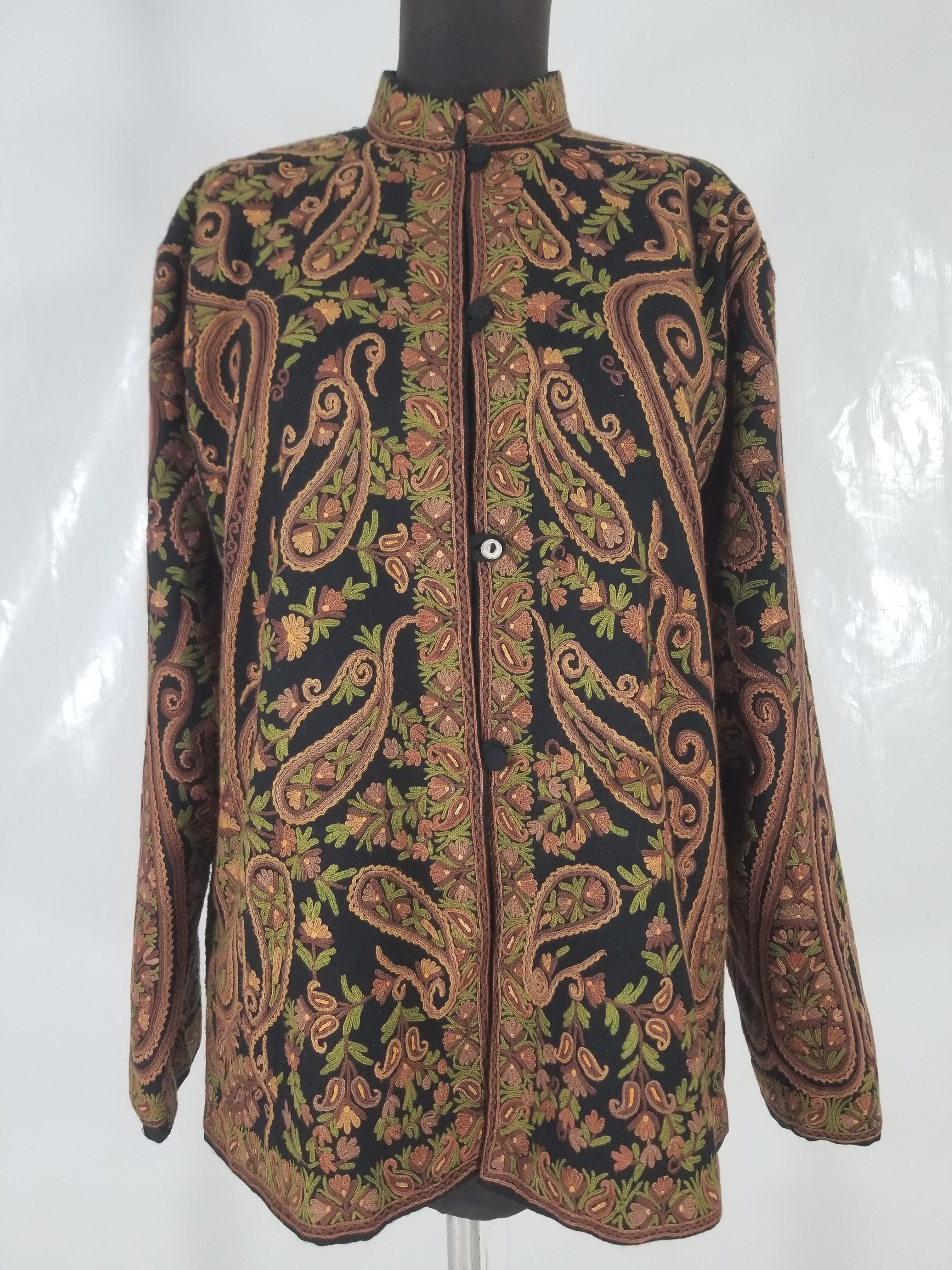 Vintage Traditional Kashmiri Crewel Embroidered Paisley Wool Jacket